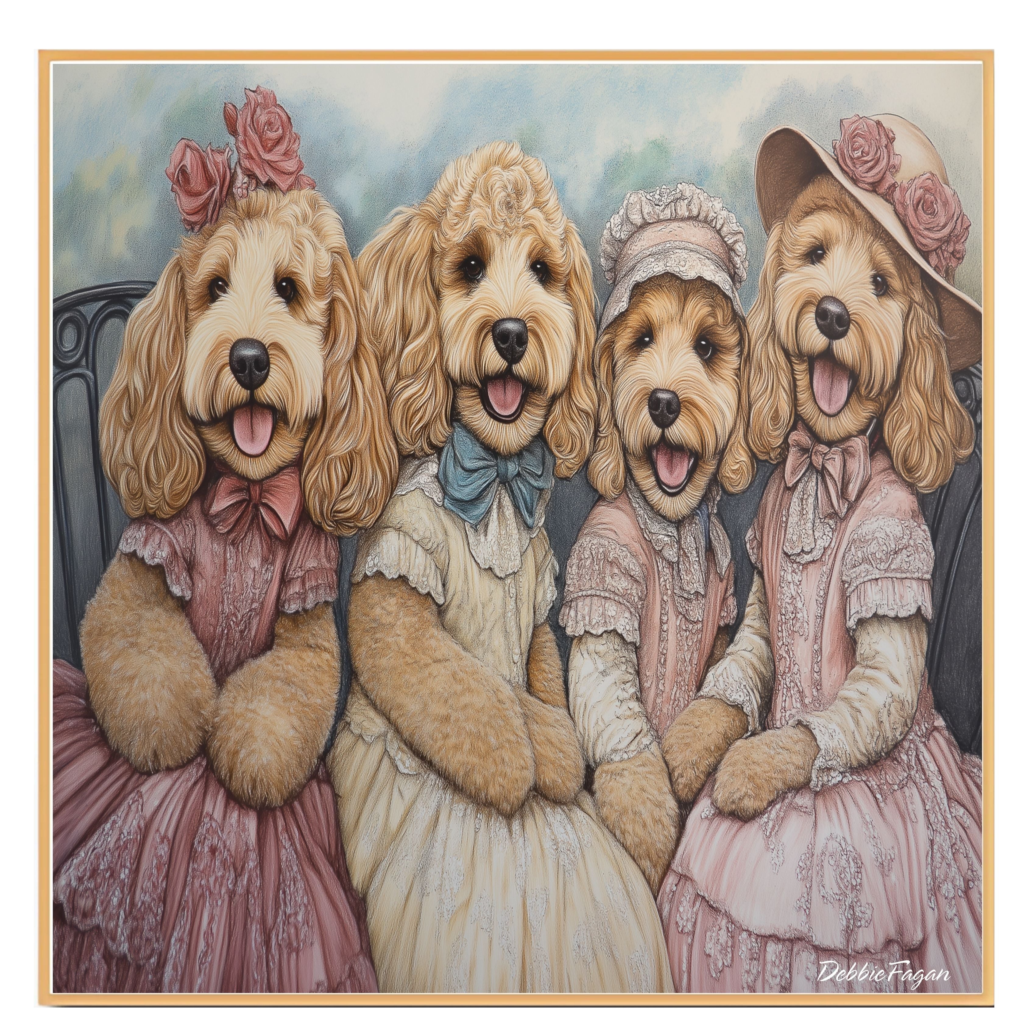 Dog Christmas Canvas  - "Victorian Doodle Charm" - Adorable Goldendoodles Dressed in Elegant Victorian Attire on Ready to Hang 1.5" Thick Canvas Wrap, Floating Framed Canvas, Flat Rolled Canvas