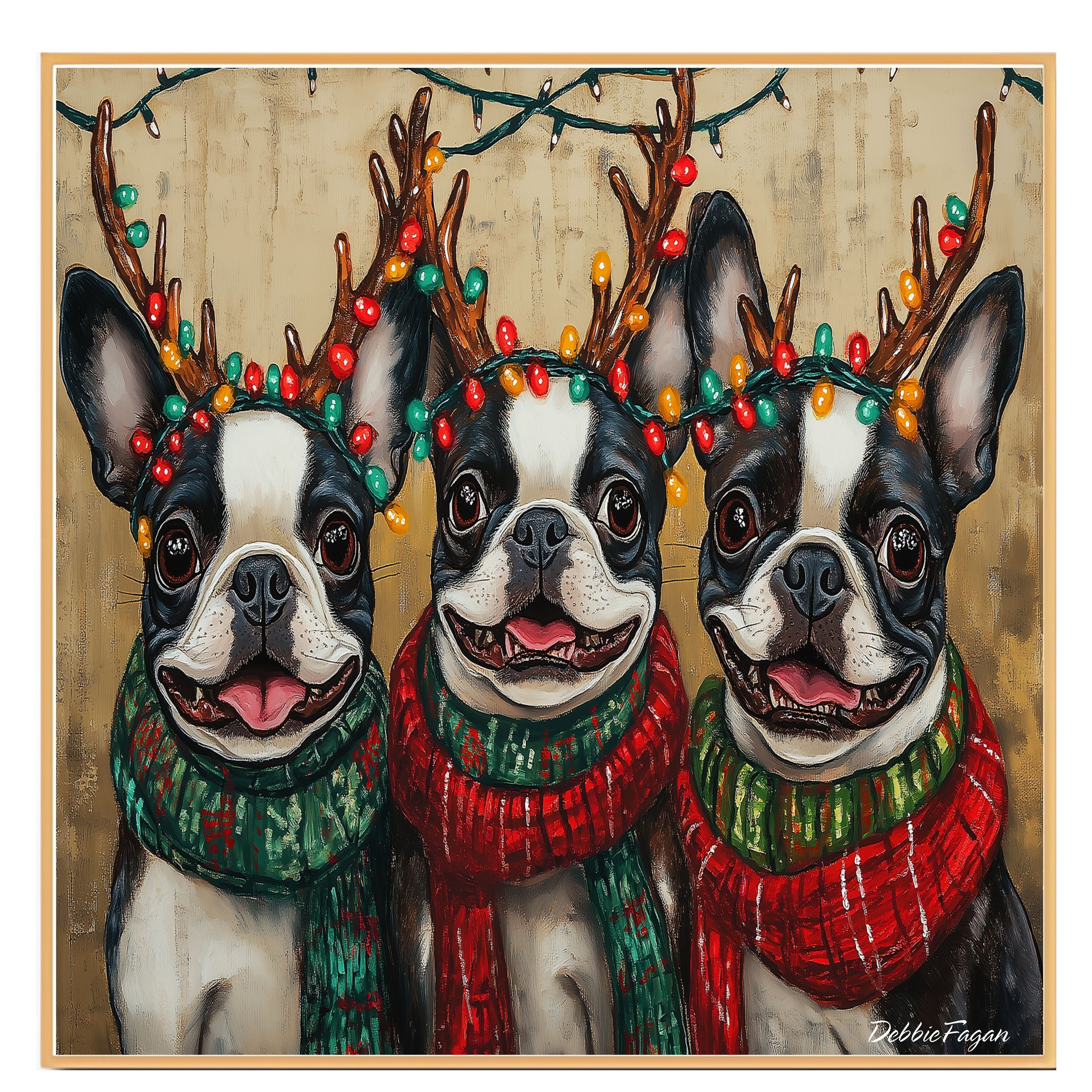 "Festive Frenchies" - Portraits of Adorable French Buldogs in Colorful Bulb Antlers & Cozy Scarves on Ready to Hang 1.5" Thick Canvas Wrap, Floating Framed Canvas, Flat Rolled Canvas