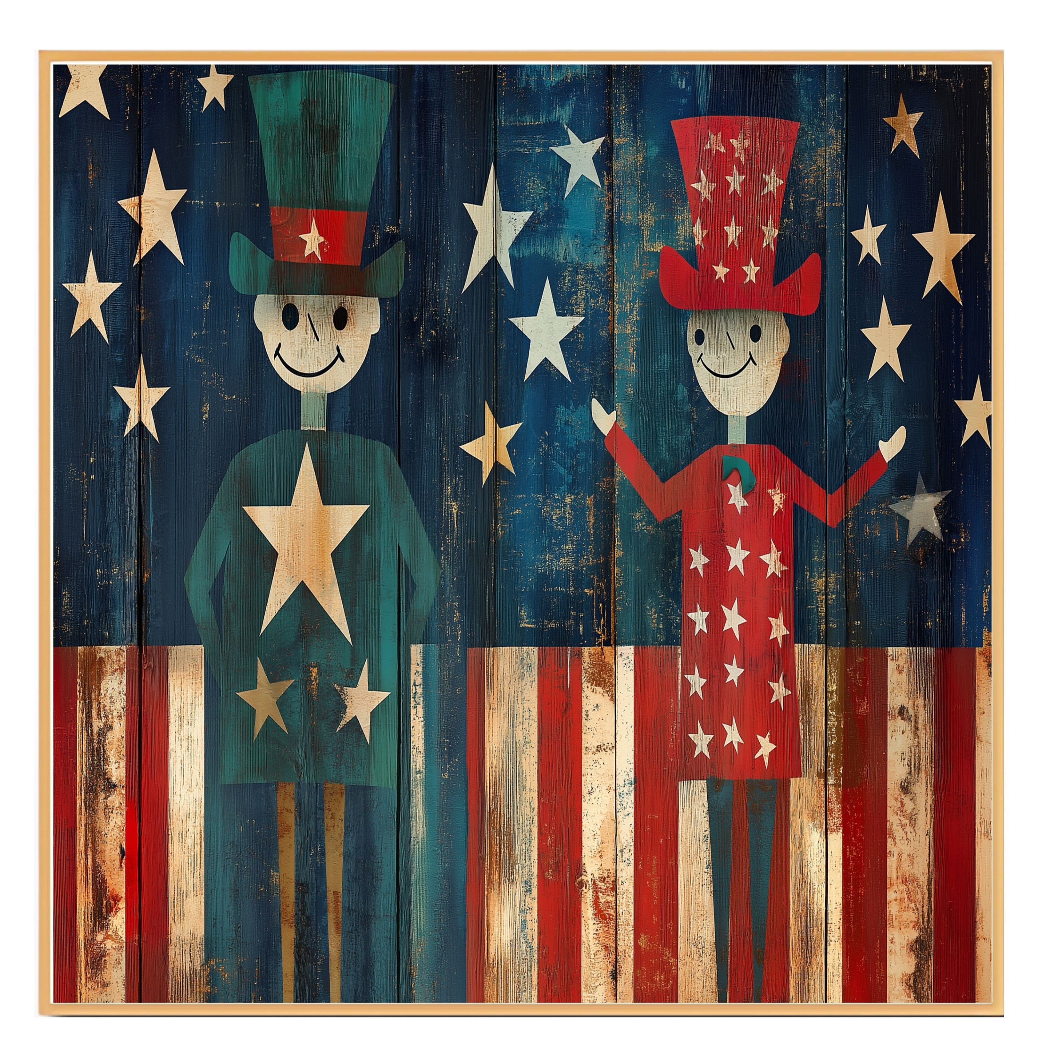 Rustic Folk Art of Patriotic Figures with Stars and Stripes on Weathered Wood Background, Whimsical Americana for Celebrating 4th of July in Vintage Style on Ready to Hang 1.5" Thick Canvas Wrap, Floating Framed Canvas, Flat Rolled Canvas