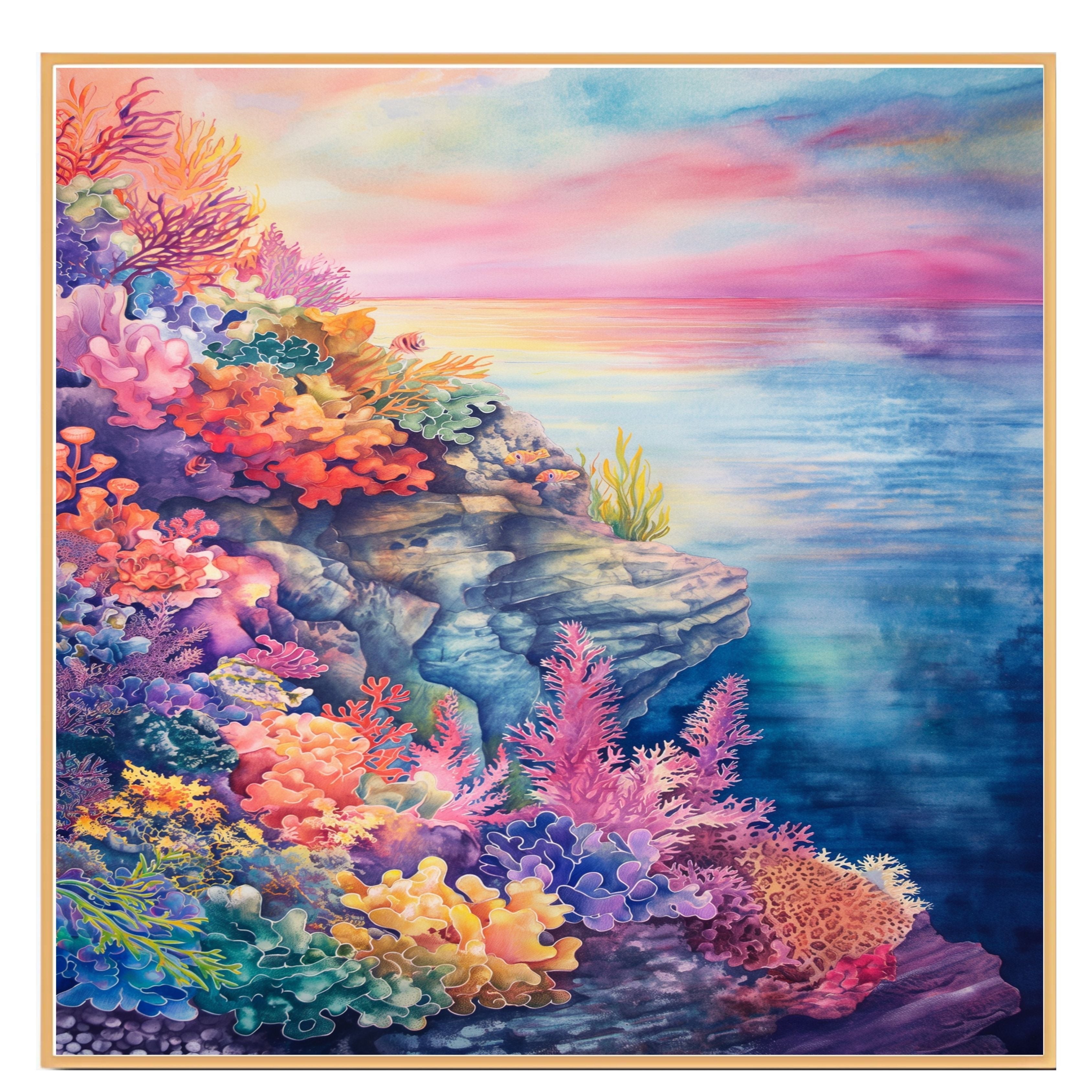 Vibrant Coral Reef Watercolor Art with Ocean Sunset and Marine