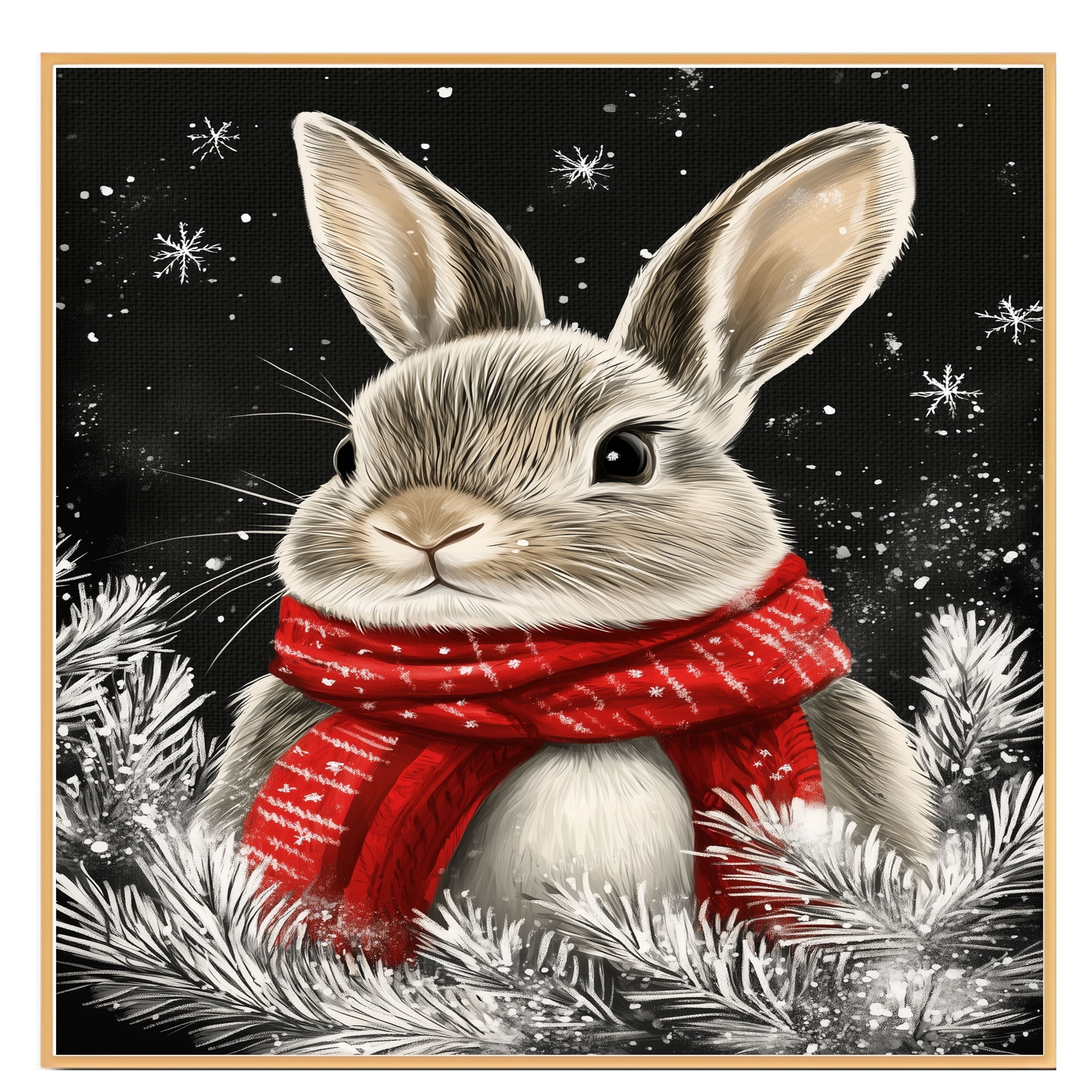 "Cozy Snow Bunny" - Bunny in Red Scarf Sitting in Winter Snow on Ready to Hang 1.5" Thick Canvas Wrap, Floating Framed Canvas, Flat Rolled Canvas