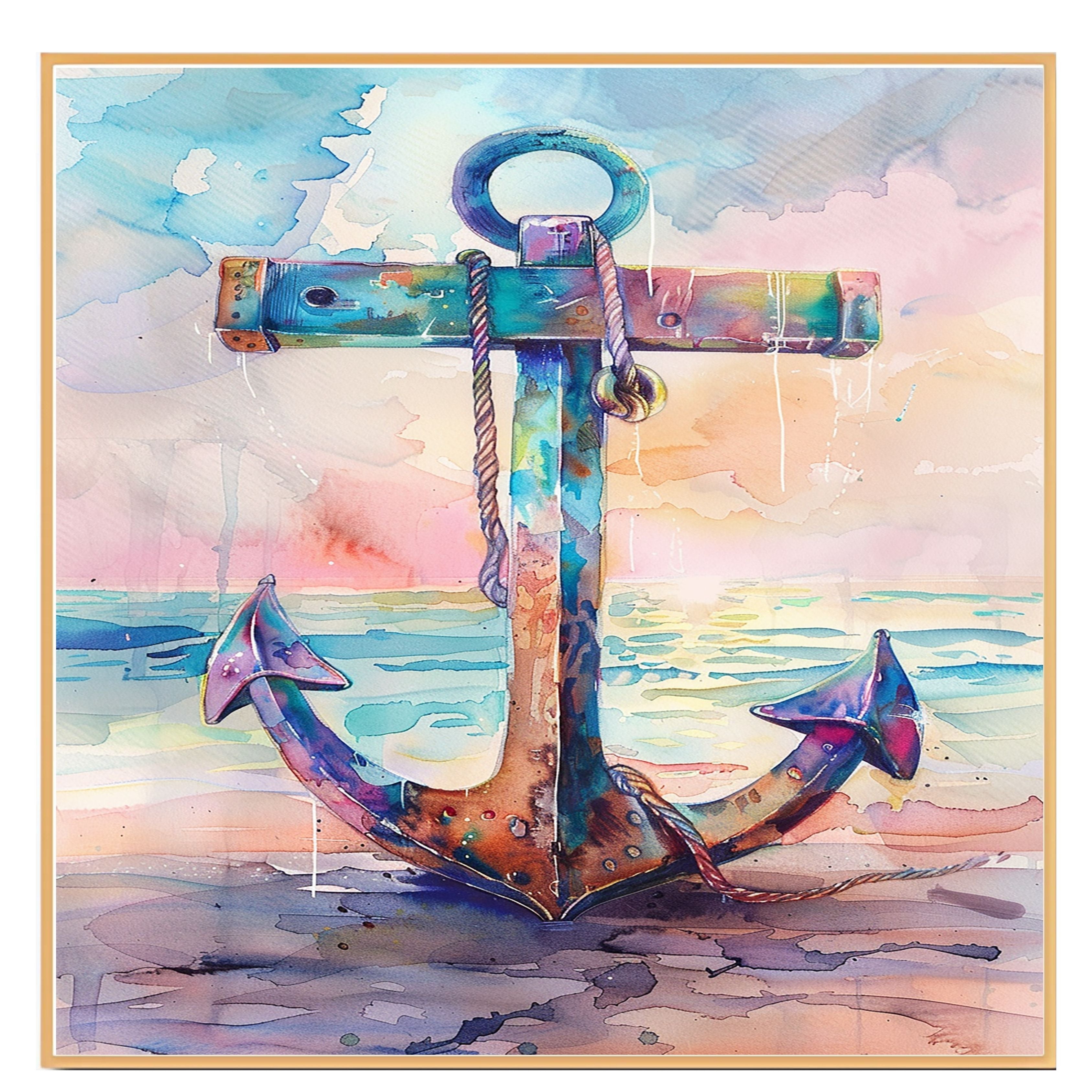 Watercolor Painting of a Multicolored Anchor on the Shore with Ocean Reflections and a Warm Sunset Coastal Sky on Ready to Hang 1.5" Thick Canvas Wrap, Floating Framed Canvas, Flat Rolled Canvas