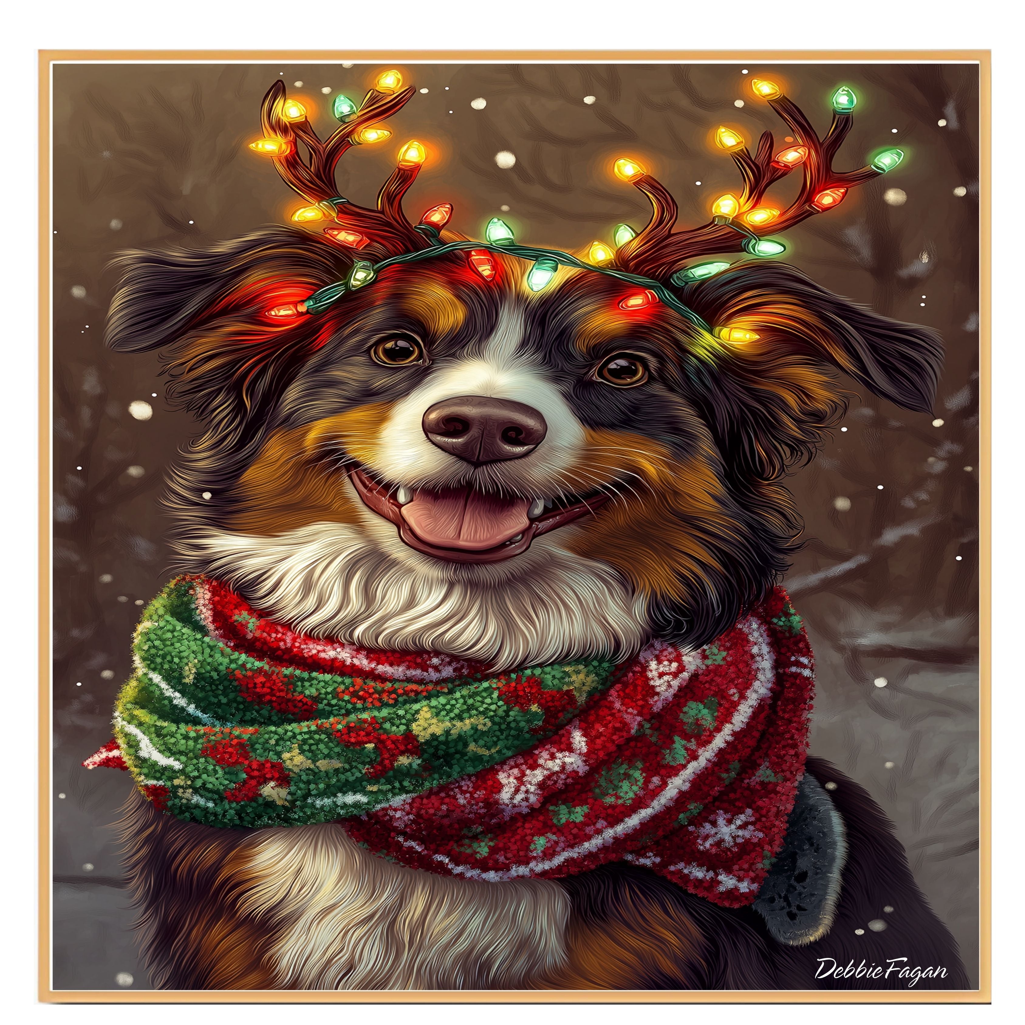 Forest Glow' - Australian Shepherd with Lighted Antlers & Festive Scarf in Snowy Forest Scene, Ready to Hang 1.5" Thick Canvas Wrap, Floating Framed Canvas, Flat Rolled Canvas