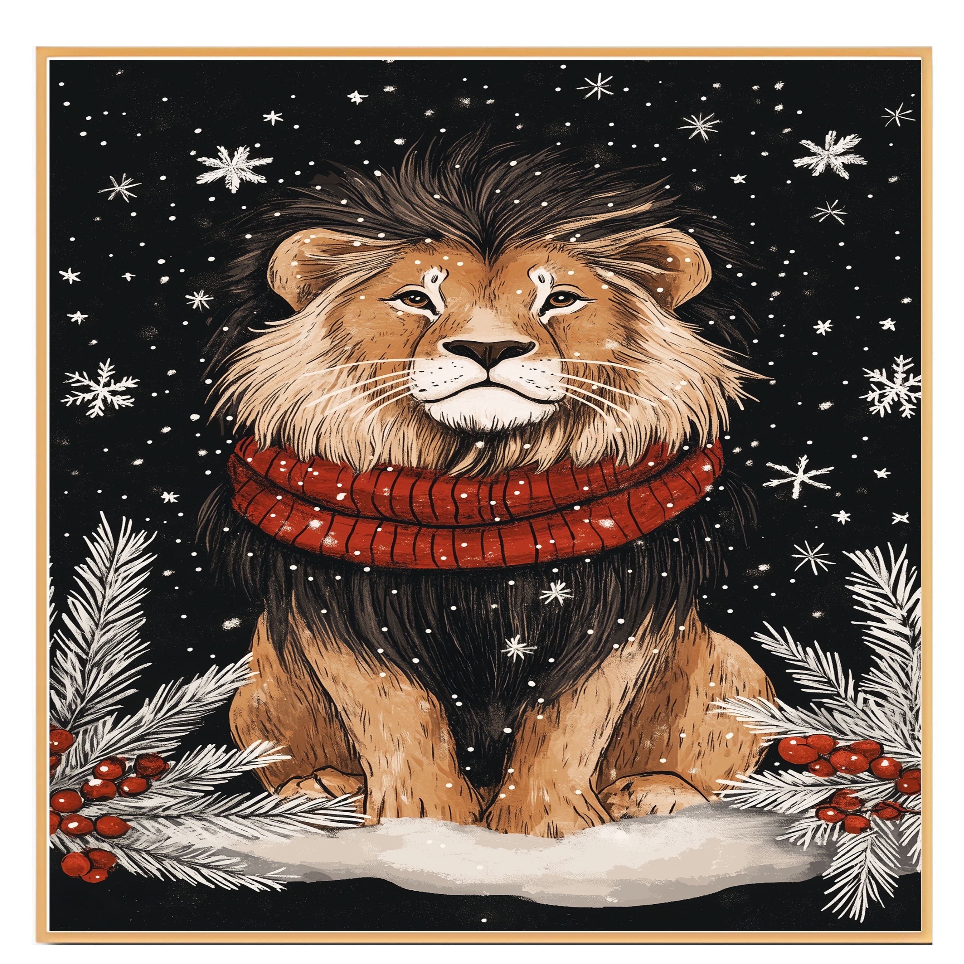 "Winter Majesty Lion" - Lion in Red Scarf Resting in Snowy Landscape on Ready to Hang 1.5" Thick Canvas Wrap, Floating Framed Canvas, Flat Rolled Canvas