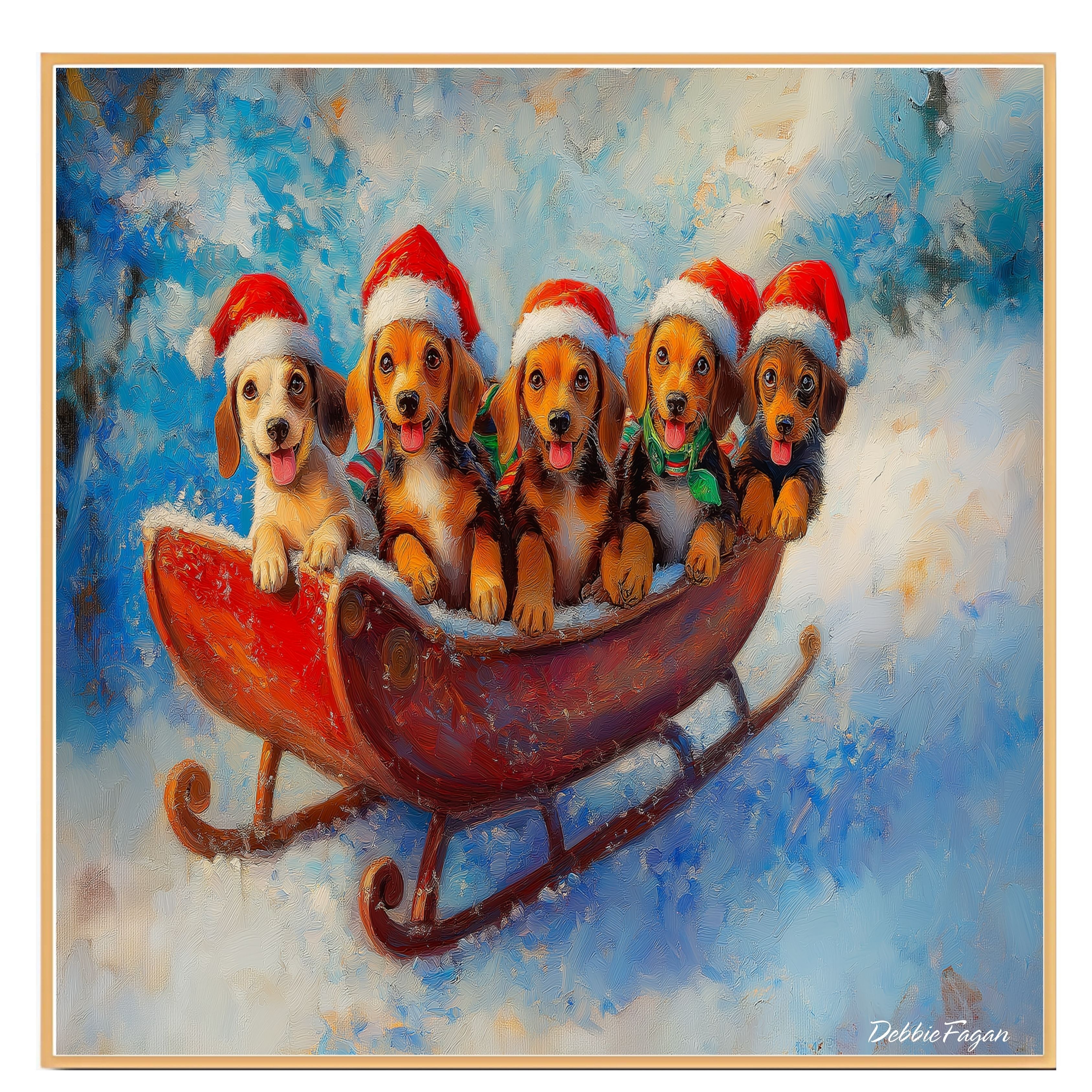 Dog Christmas Canvas  - "Puppy Joyride" - Adorable Puppies in Santa Hats on a Sleigh in Winter Wonderland on Ready to Hang 1.5" Thick Canvas Wrap, Floating Framed Canvas, Flat Rolled Canvas