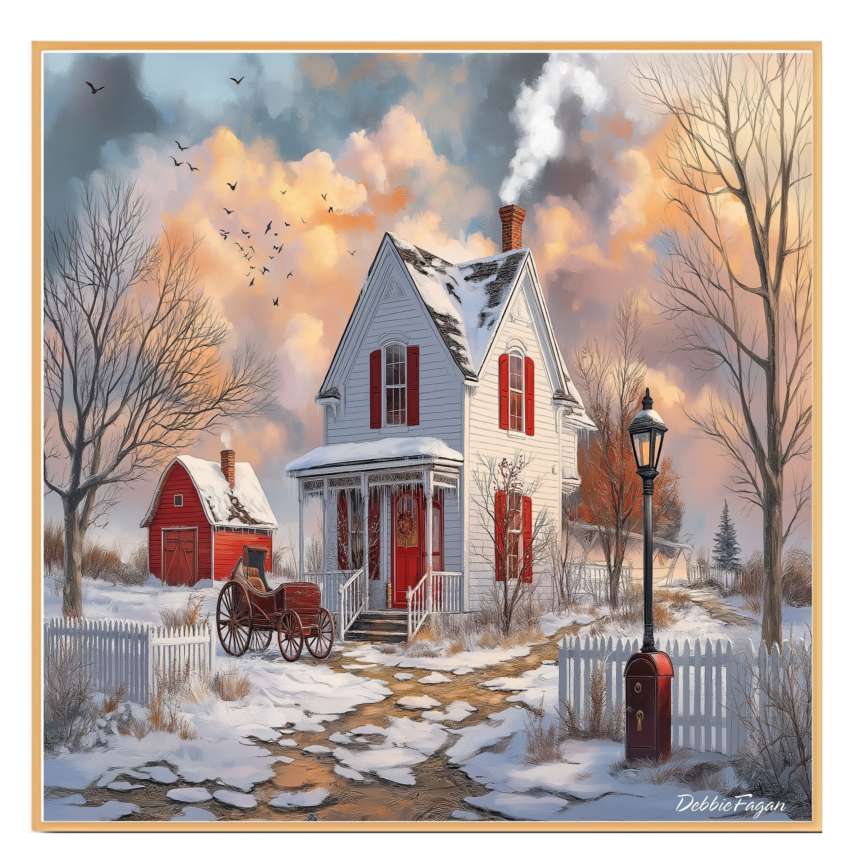 Winter White Farmhouse – Cozy Snow-Covered Country Home with Red Barn and Sleigh Wall Art Print on Ready to Hang 1.5" Thick Canvas Wrap, Floating Framed Canvas, Flat Rolled Canvas