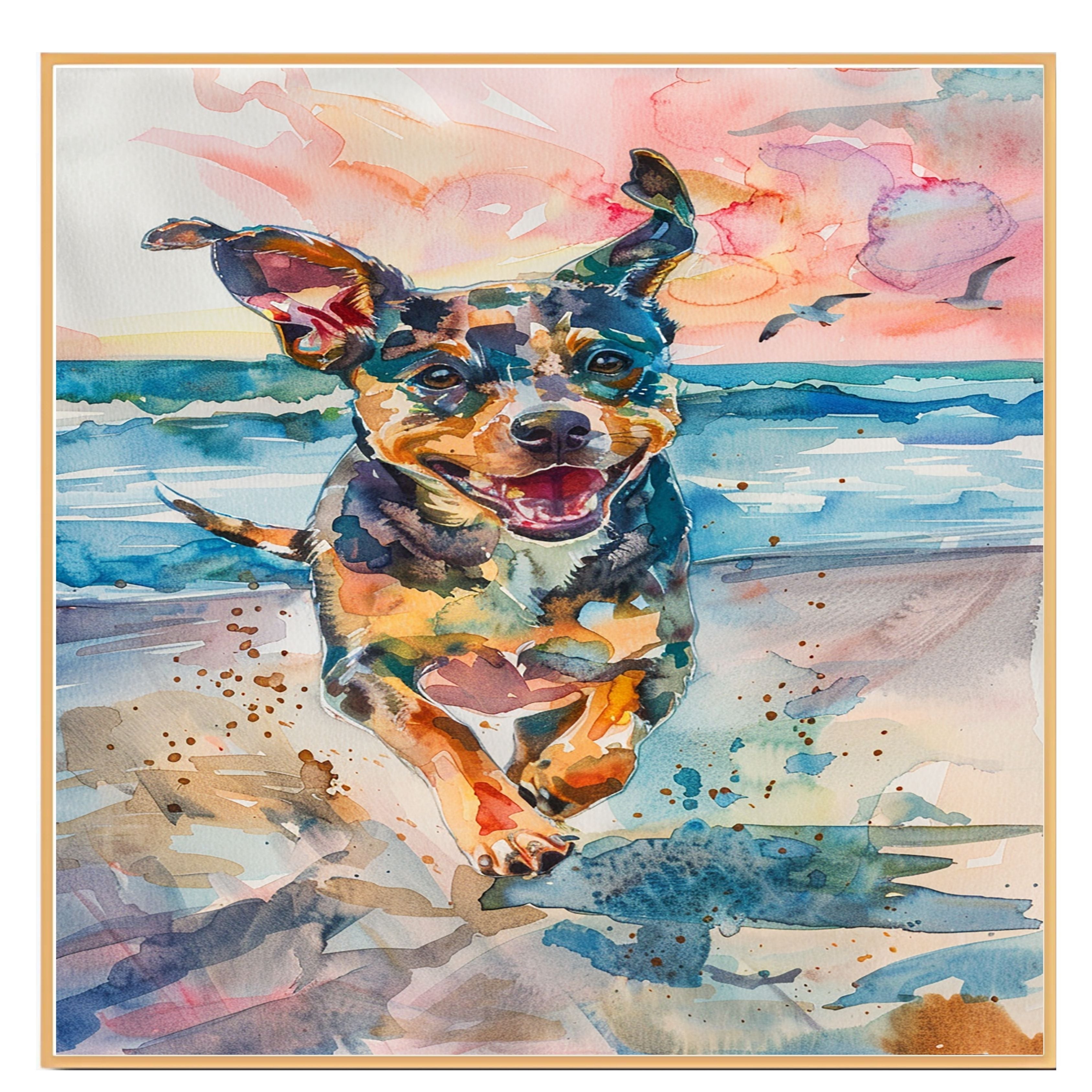 Watercolor Dog Running on Shore with Sunset and Birds in Joyful Coastal Pet  Art for Beach Decor and Animal Lovers on Ready to Hang Thick Canvas