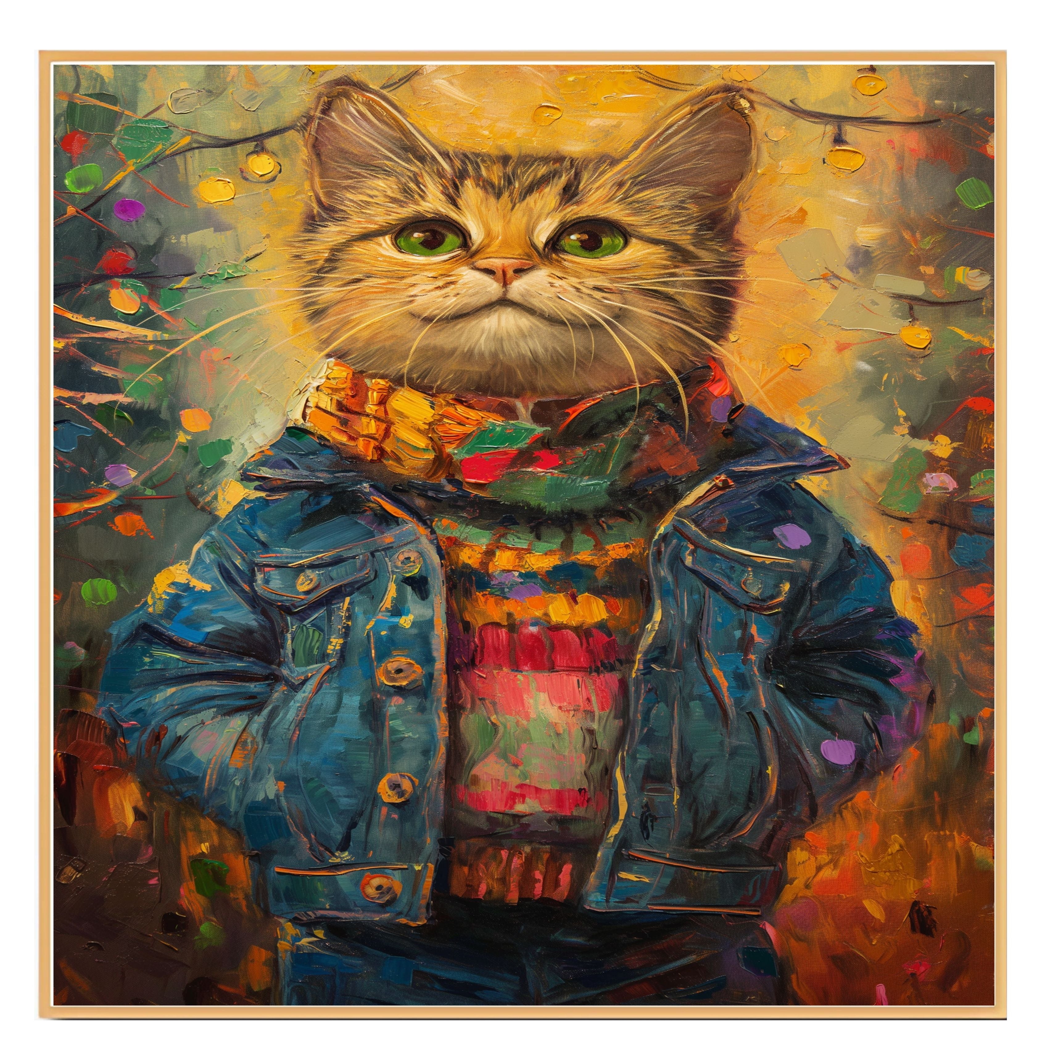 Christmas Kitten in Colorful Jacket and Scarf Adorable Holiday Cat Painting Festive Winter Lights Scene Perfect for Cozy Home Office Seasonal Gift on Ready to Hang 1.5" Thick Canvas Wrap, Floating Framed Canvas, Flat Rolled Canvas