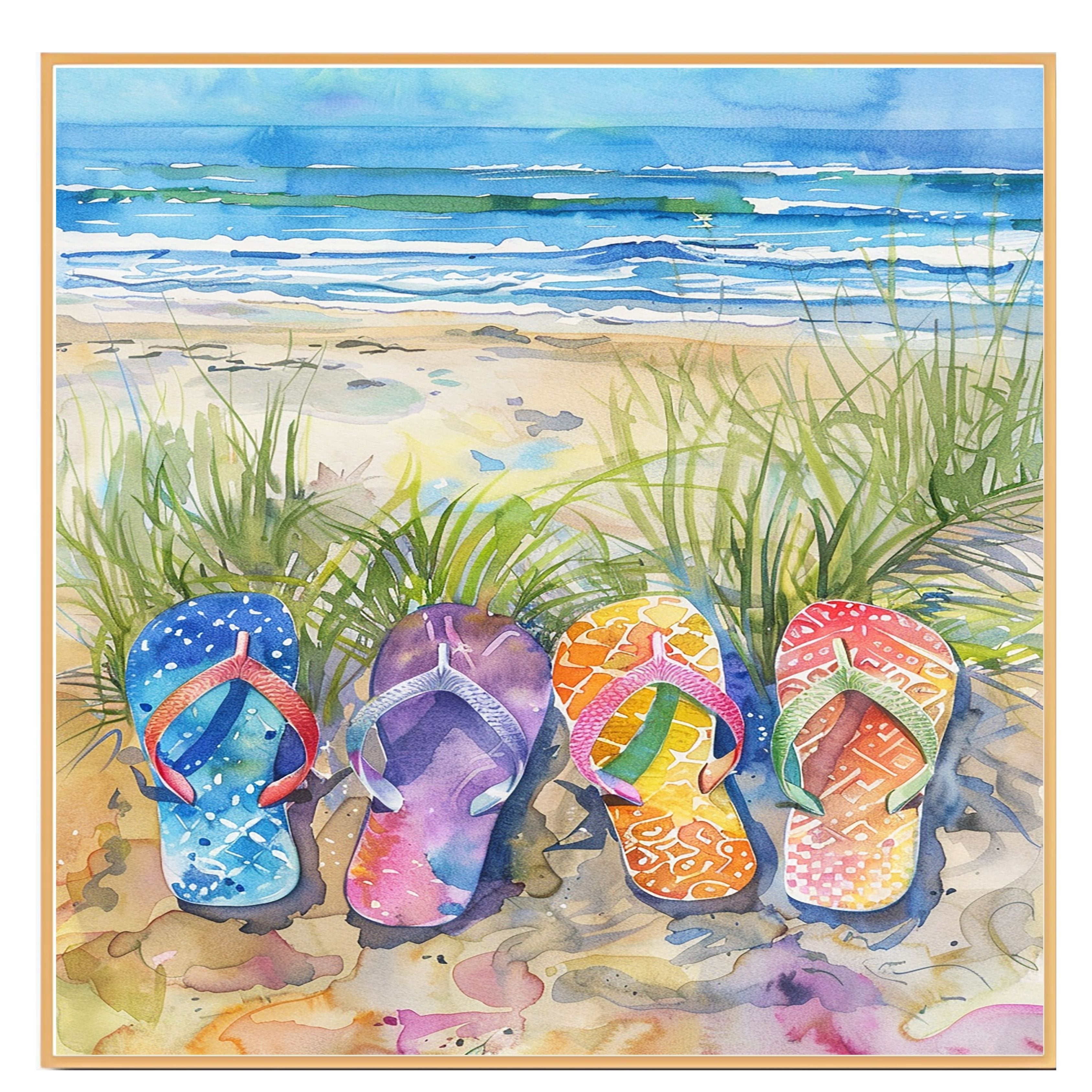 Four Colorful Flip Flops in Beach Grass by Ocean Shore in Vibrant Watercolor Summer Coastal Illustration on Ready to Hang 1.5" Thick Canvas Wrap, Floating Framed Canvas, Flat Rolled Canvas