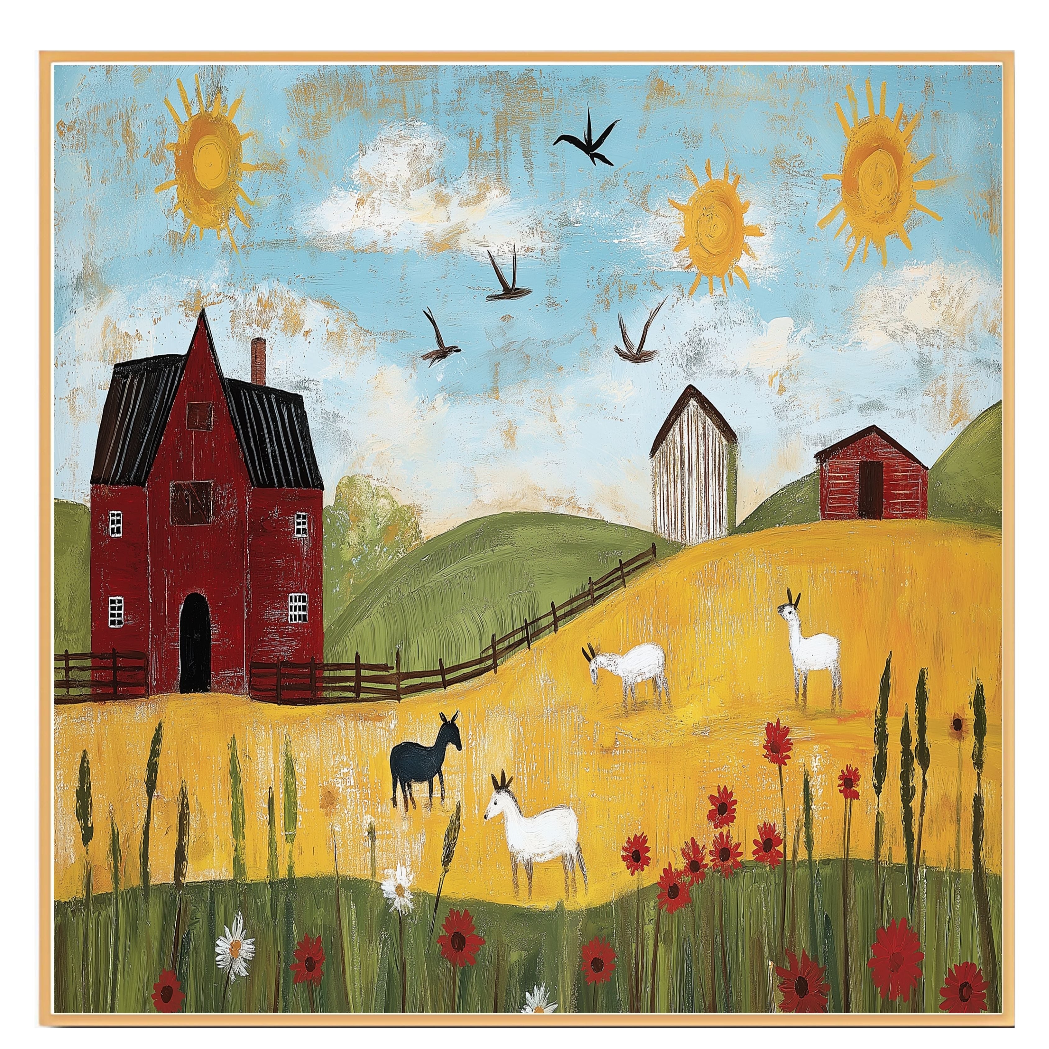 Farm Folk Art Print Featuring Red Barn Goats Sunny Hillside and Wildflowers Hand Painted Country Landscape Illustration for Rustic Wall Decor or Gift Idea on Ready to Hang 1.5" Thick Canvas Wrap, Floating Framed Canvas, Flat Rolled Canvas