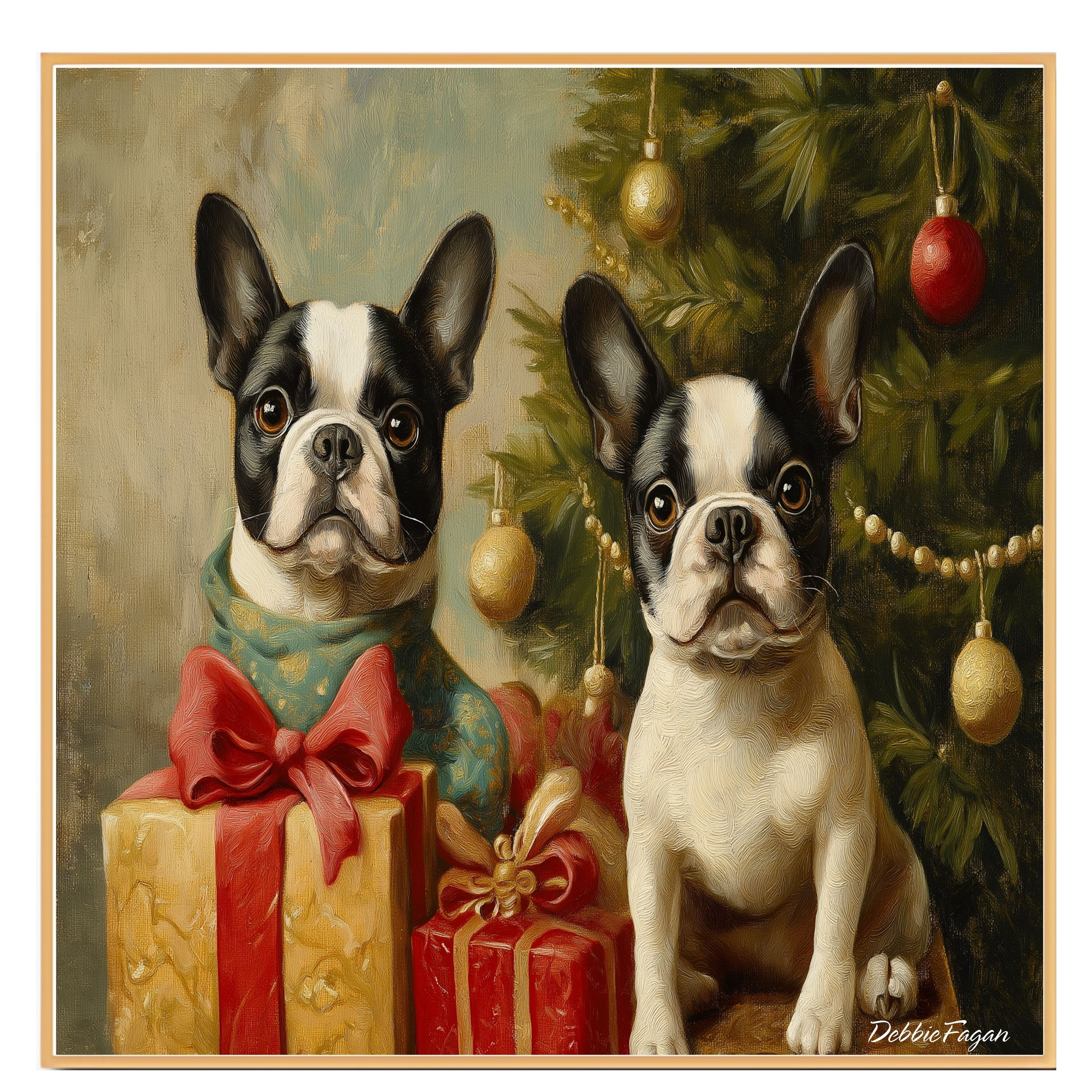 Christmas Canvas  - "Frenchie Festive Cheer" - French Bulldogs with Vintage Christmas Tree and Presents on Ready to Hang 1.5" Thick Canvas Wrap, Floating Framed Canvas, Flat Rolled Canvas