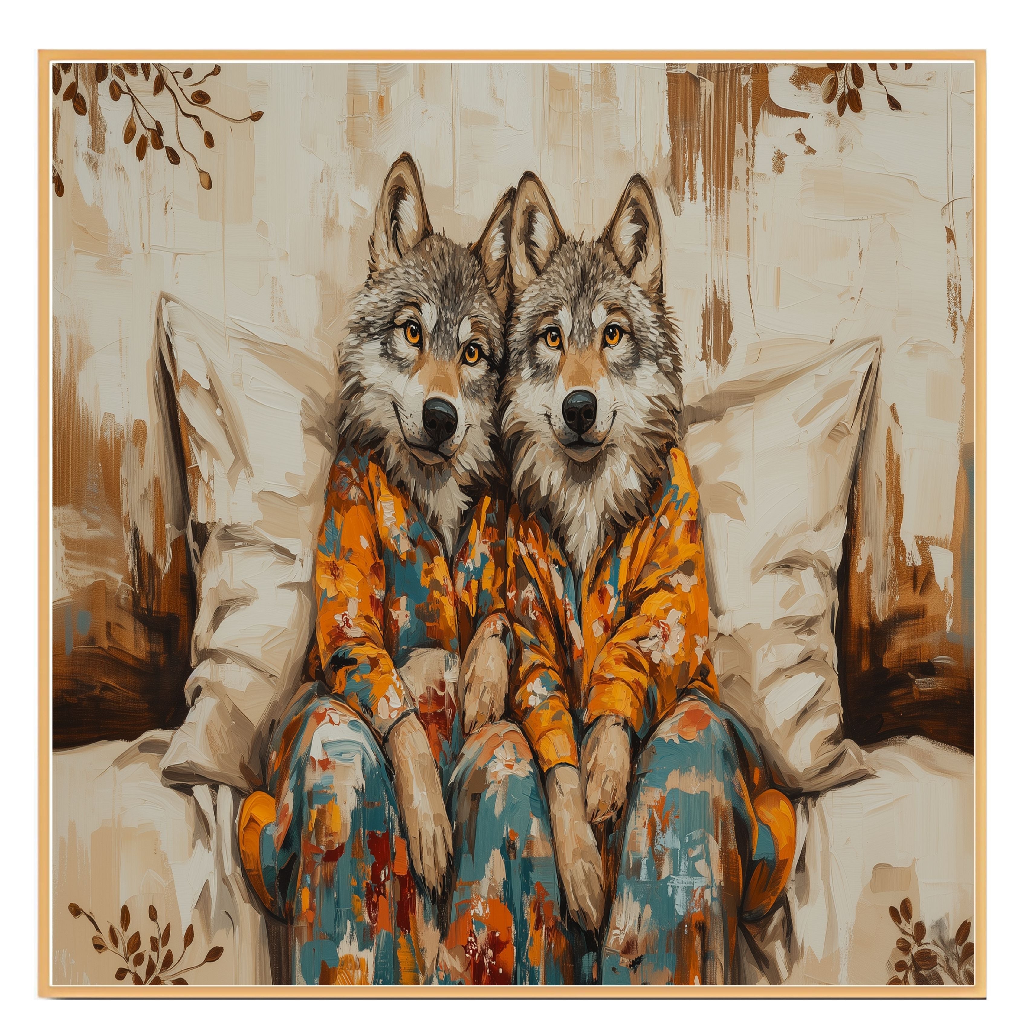Majestic Painting of Two Wolves in Pajamas Sitting on a Cozy Bed with Warm Tones and Floral Accents in a Whimsical Woodland-Inspired Composition on Ready to Hang 1.5" Thick Canvas Wrap, Floating Framed Canvas, Flat Rolled Canvas
