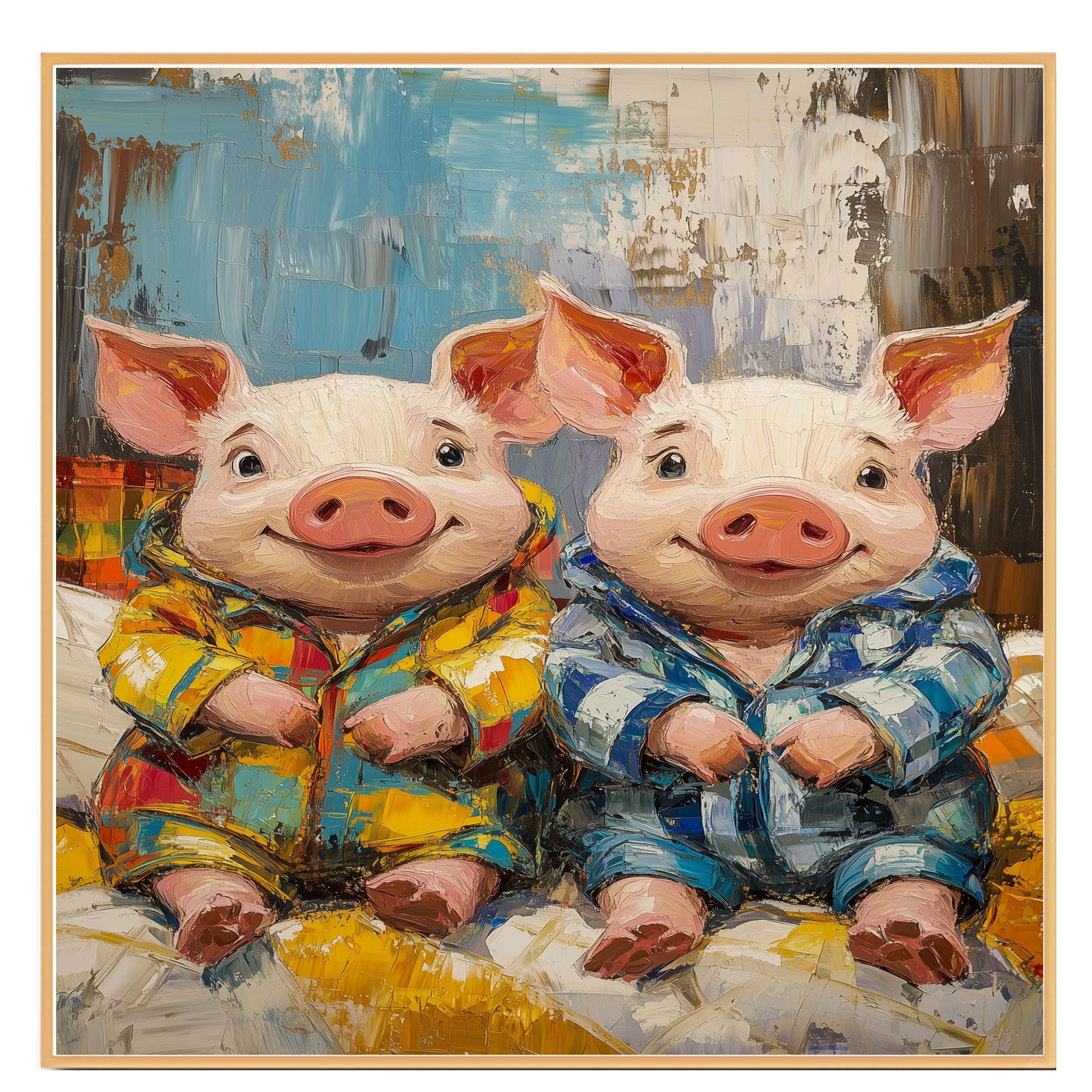 Playful Painting of Two Cute Piglets in Colorful Pajamas Sitting Side by Side with Happy Expressions in a Bold Textured Style on Ready to Hang 1.5" Thick Canvas Wrap, Floating Framed Canvas, Flat Rolled Canvas