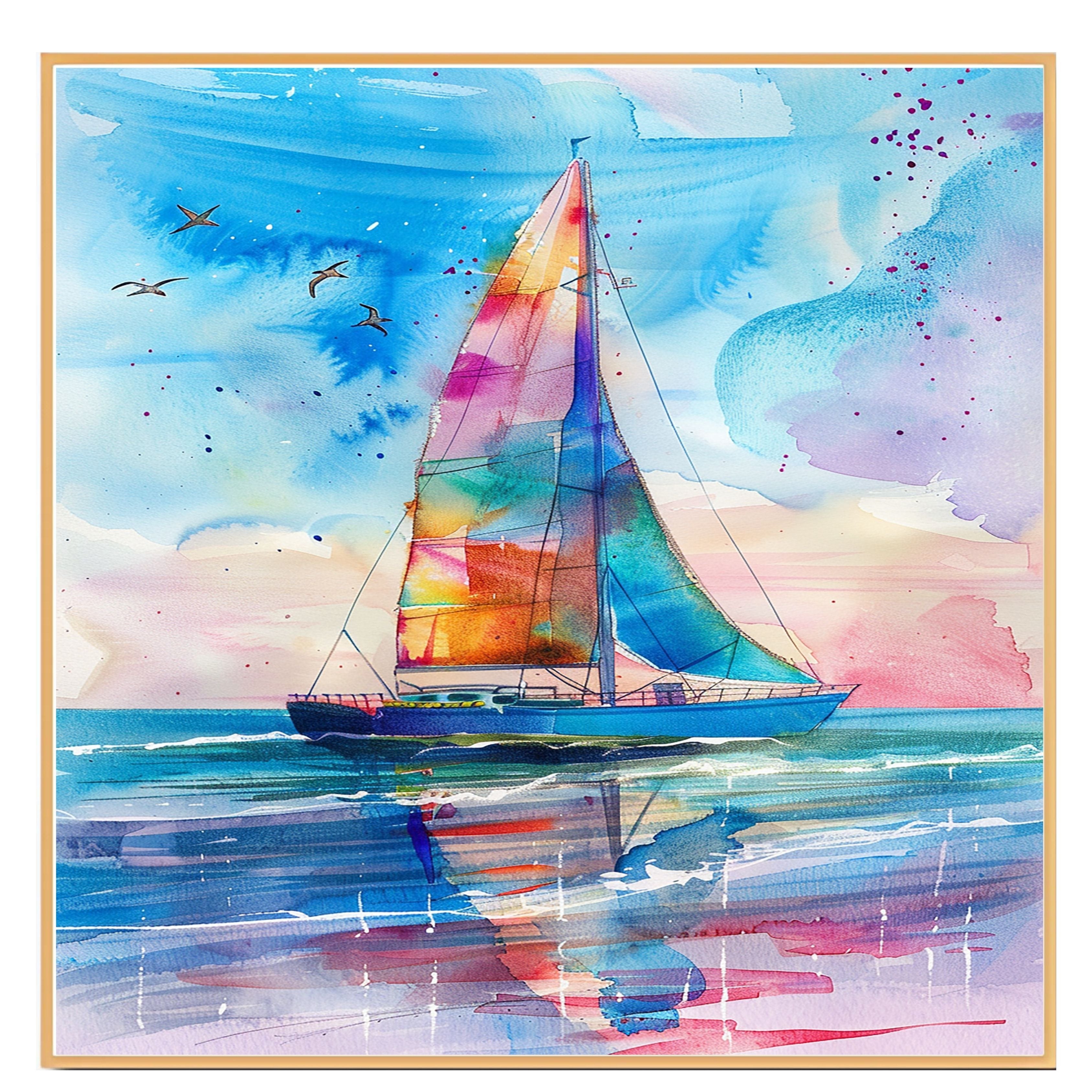 Colorful Sailboat Watercolor Painting with Ocean Reflections and Flying Birds Under Sunset Sky on Ready to Hang 1.5" Thick Canvas Wrap, Floating Framed Canvas, Flat Rolled Canvas