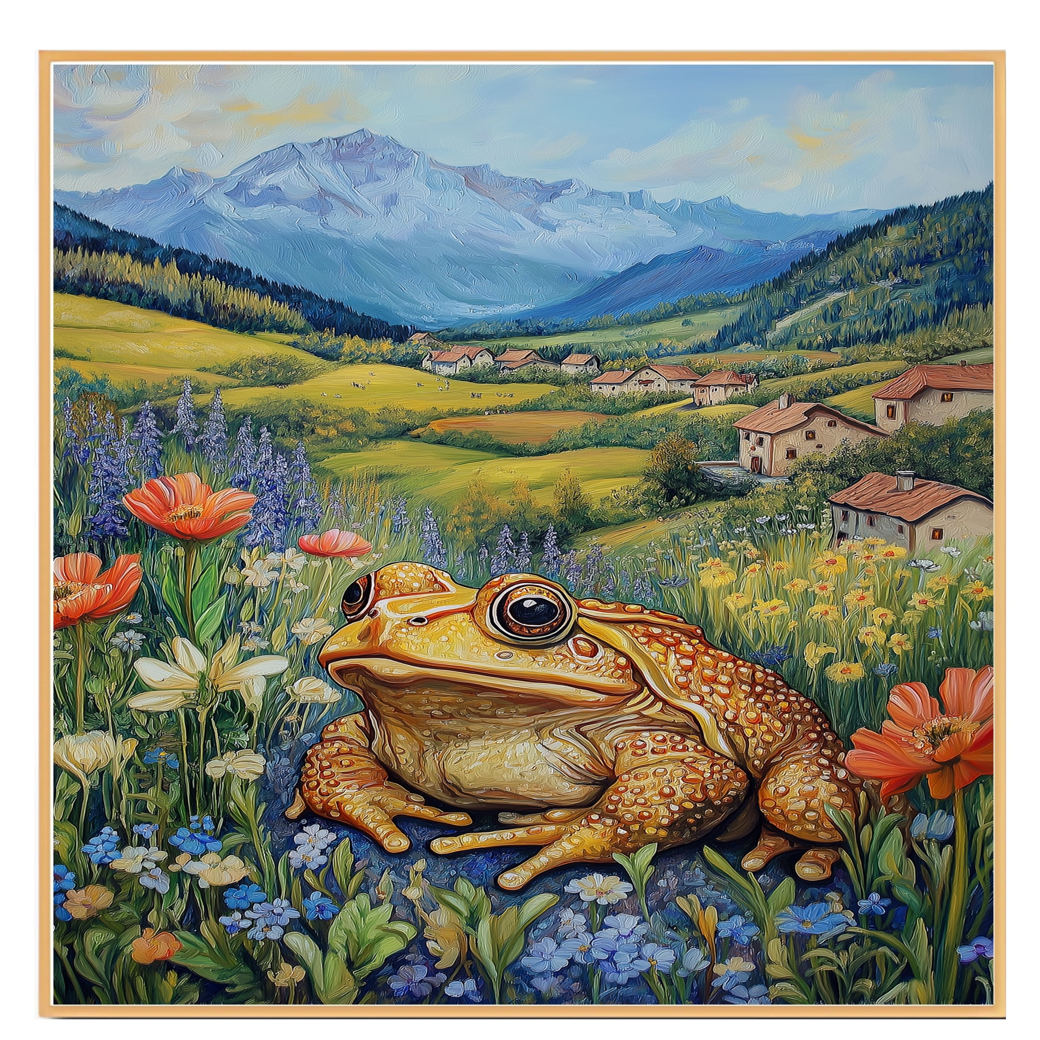 Cheerful Toad in Wildflower Meadow Bright Hand Painted Art Vibrant Countryside Scene Perfect for Home Wall Decor Living Room Bedroom Office or Nature Lovers on Ready to Hang 1.5" Thick Canvas Wrap, Floating Framed Canvas, Flat Rolled Canvas