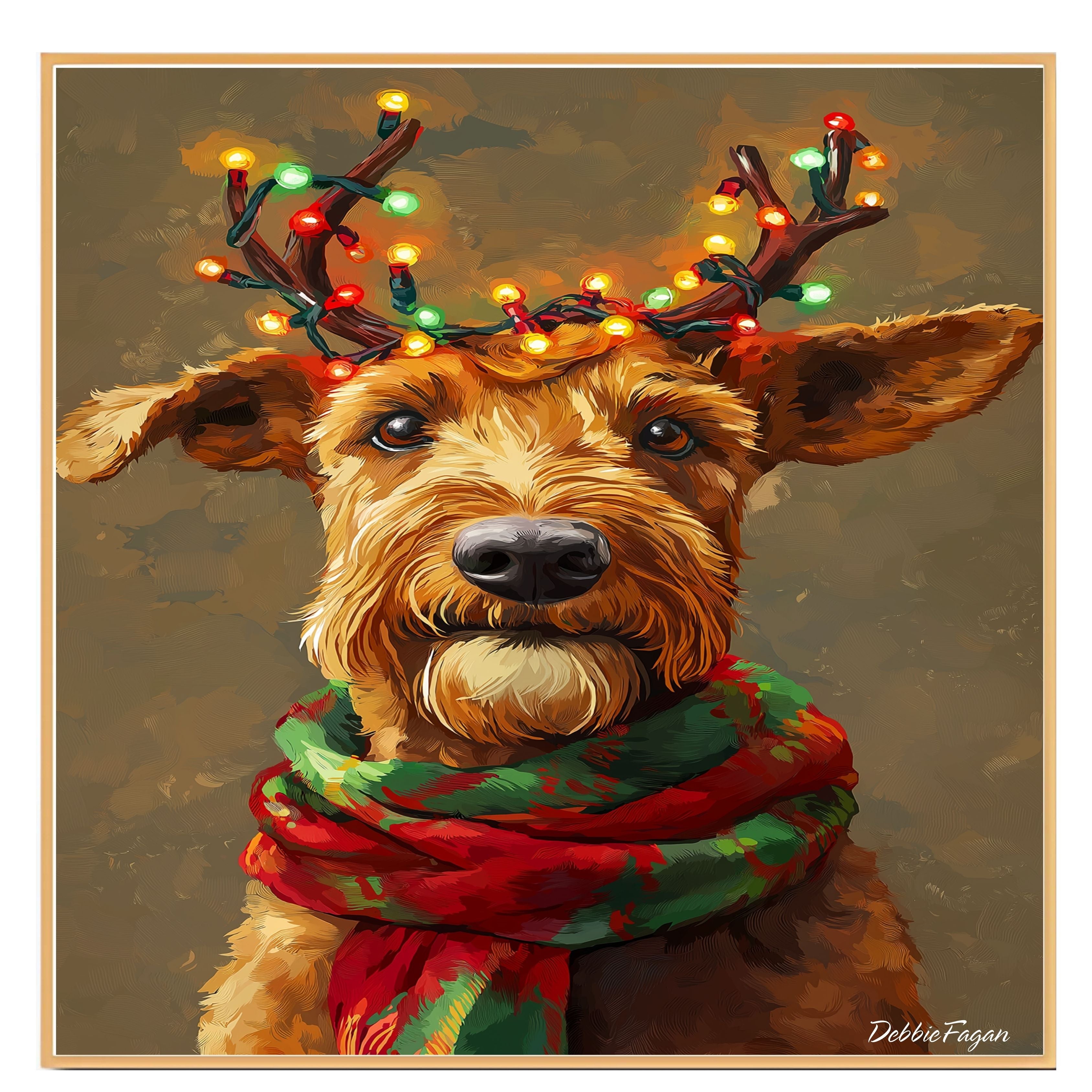 Airedale Christmas Glow - 'Yuletide Antlers' - Airedale Dog with Lighted Antlers and Festive Scarf on Rustic Canvas, Ready to Hang 1.5" Thick Canvas Wrap, Floating Framed Canvas, Flat Rolled Canvas