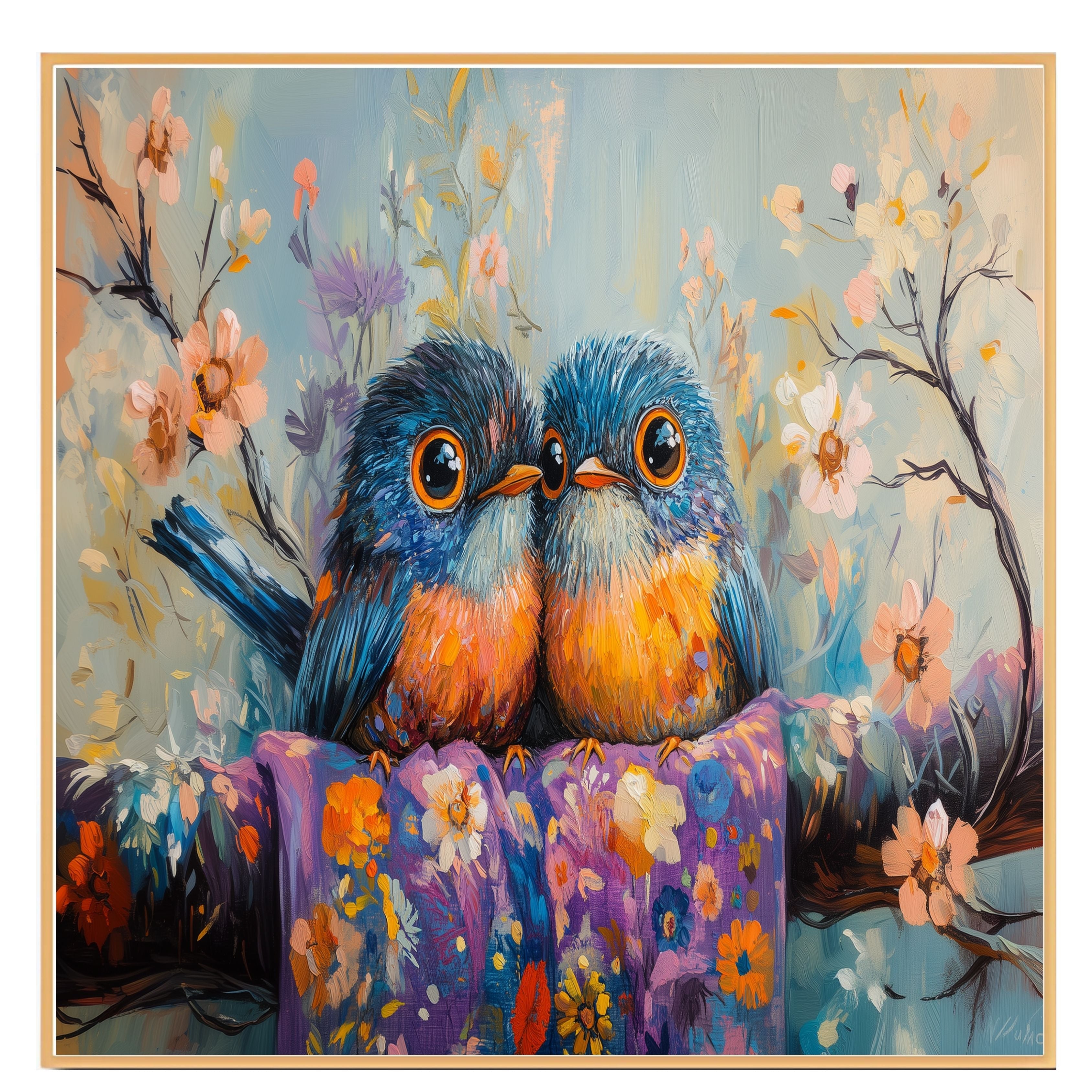 Painting of Two Colorful Plump Birds Sitting Close Together on a Flower Covered Branch with Bright Feathers and Big Eyes in a Playful Springtime Floral Scene on Ready to Hang 1.5" Thick Canvas Wrap, Floating Framed Canvas, Flat Rolled Canvas