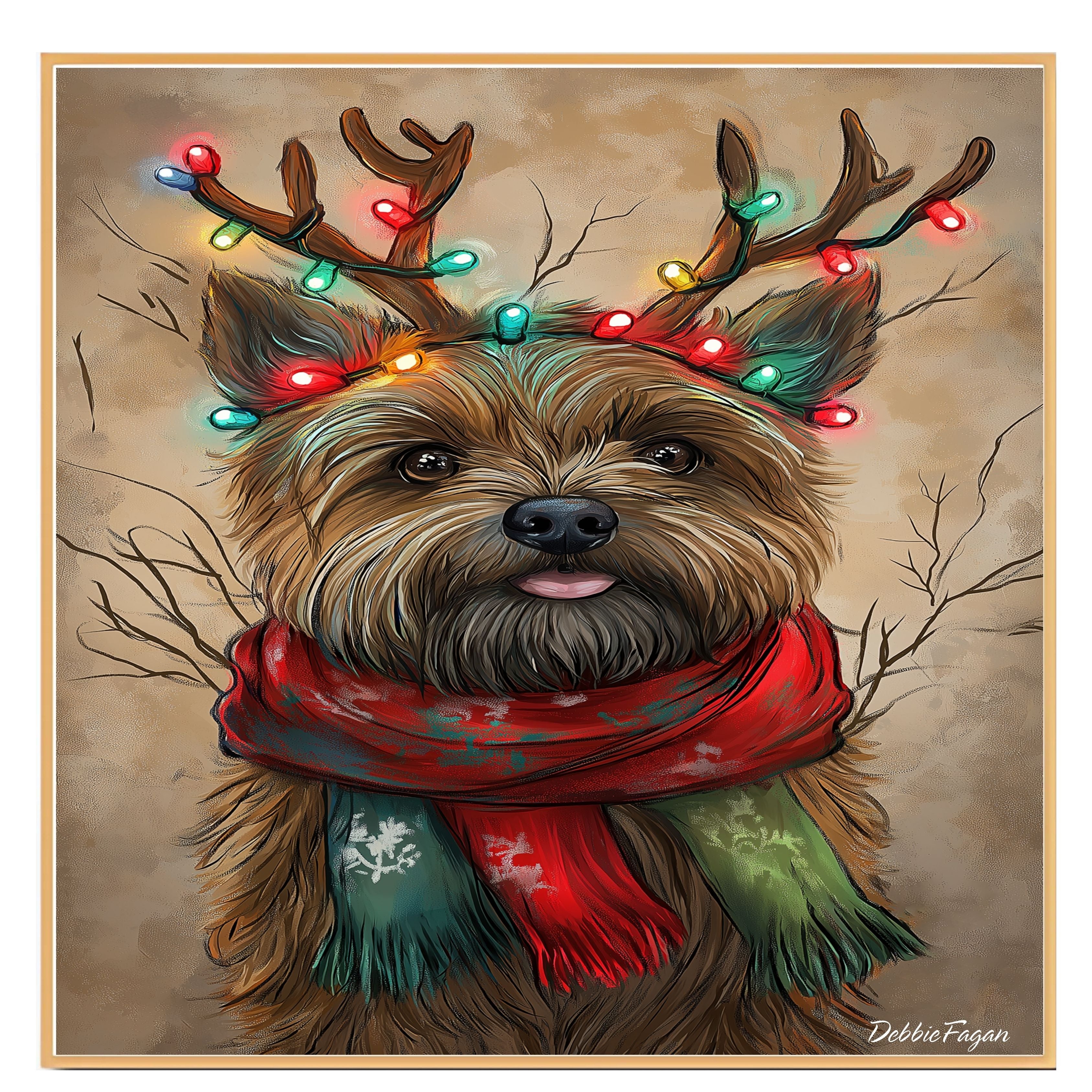 "Rustic Joy" - Cairn Terrier Dog with Lighted Antlers & Cozy Scarf on Rustic Canvas, Ready to Hang 1.5" Thick Canvas Wrap, Floating Framed Canvas, Flat Rolled Canvas
