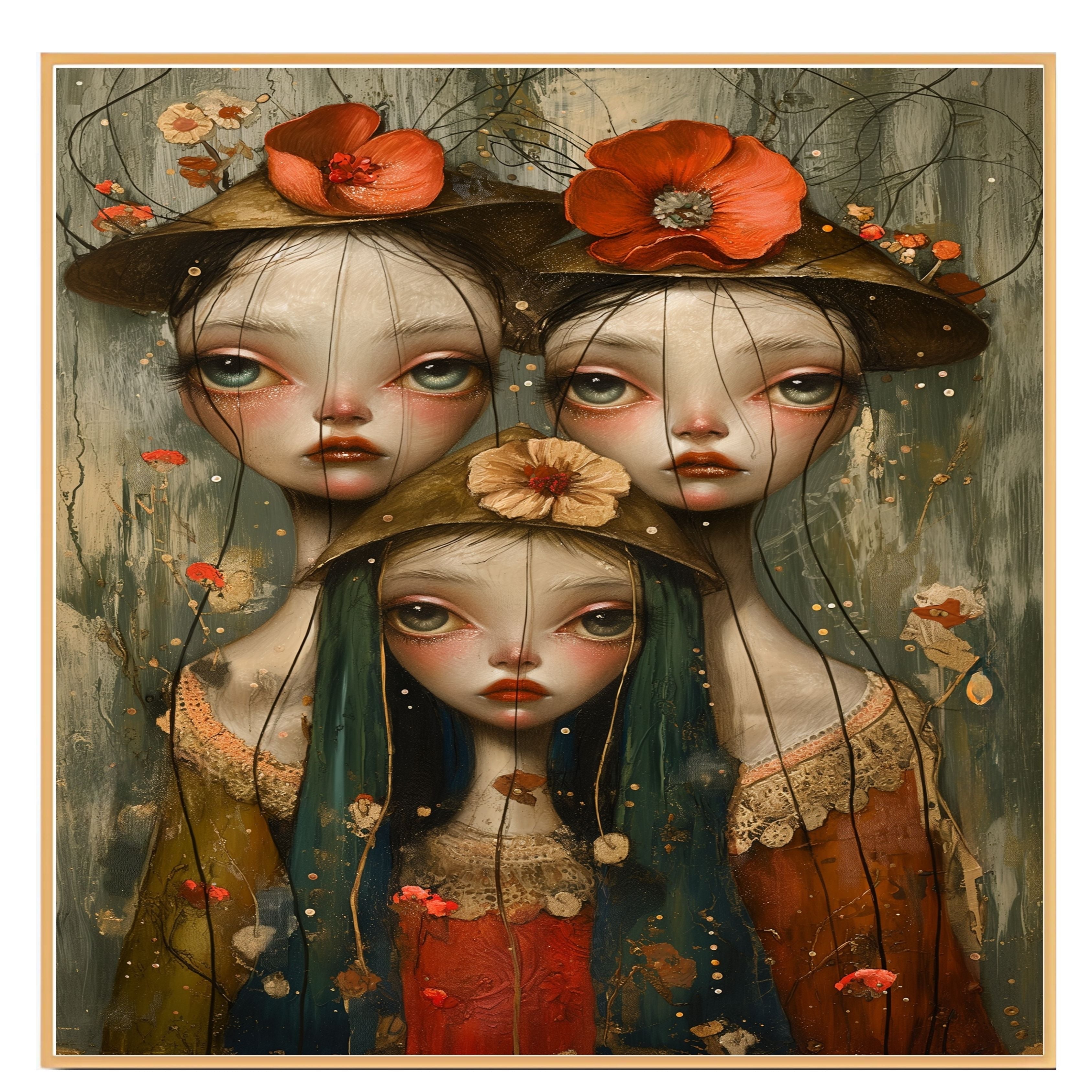 Dreamy Trio of Girls with Floral Hats Hand Painted Art Emotional and Delicate Perfect for Home Wall Decor Living Room Bedroom Office or Unique Gift Idea on Ready to Hang 1.5" Thick Canvas Wrap, Floating Framed Canvas, Flat Rolled Canvas