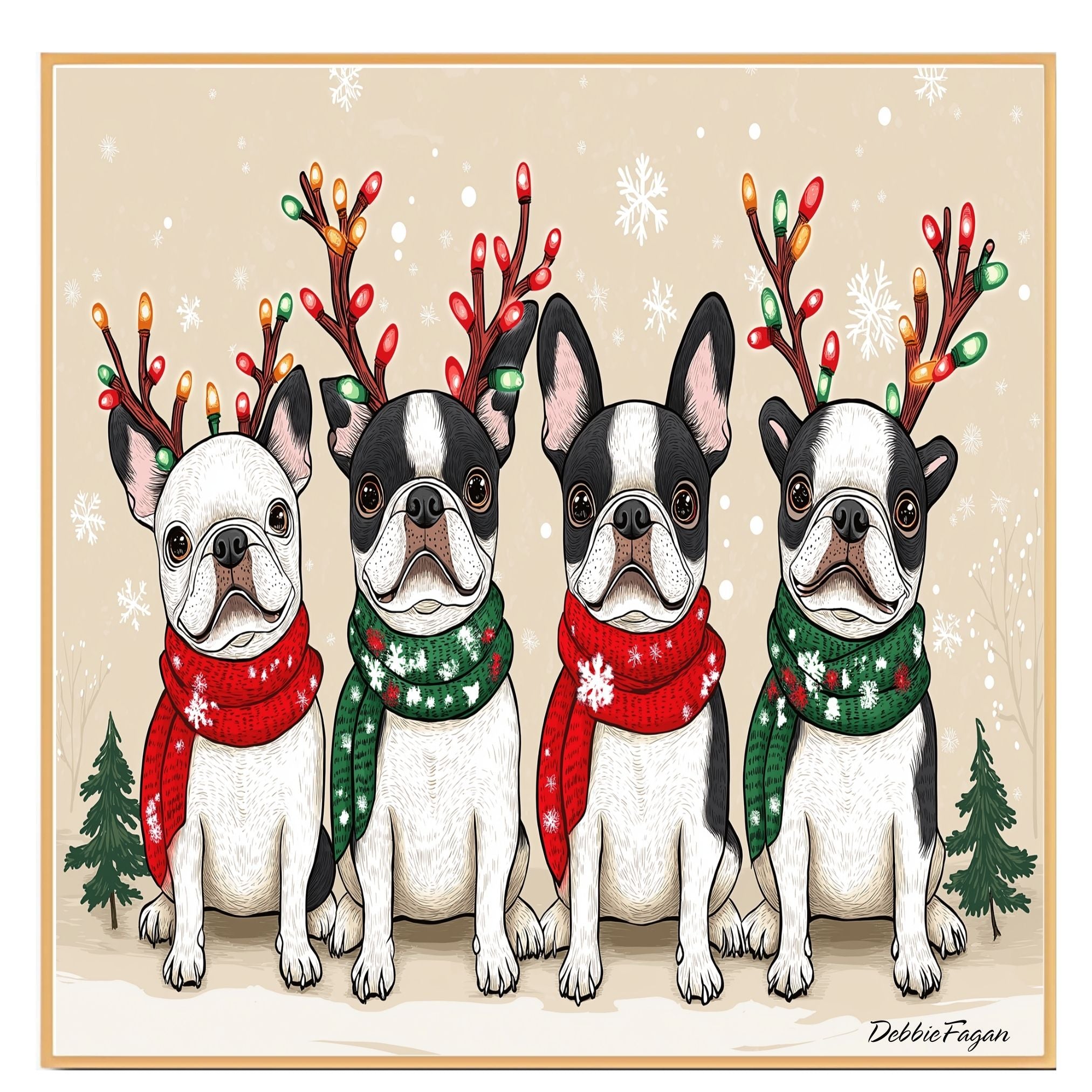 French Bulldogs Christmas Canvas - "Frenchie Frost" - with Festive Antlers in Winter Snow on Ready to Hang 1.5" Thick Canvas Wrap, Floating Framed Canvas, Flat Rolled Canvas