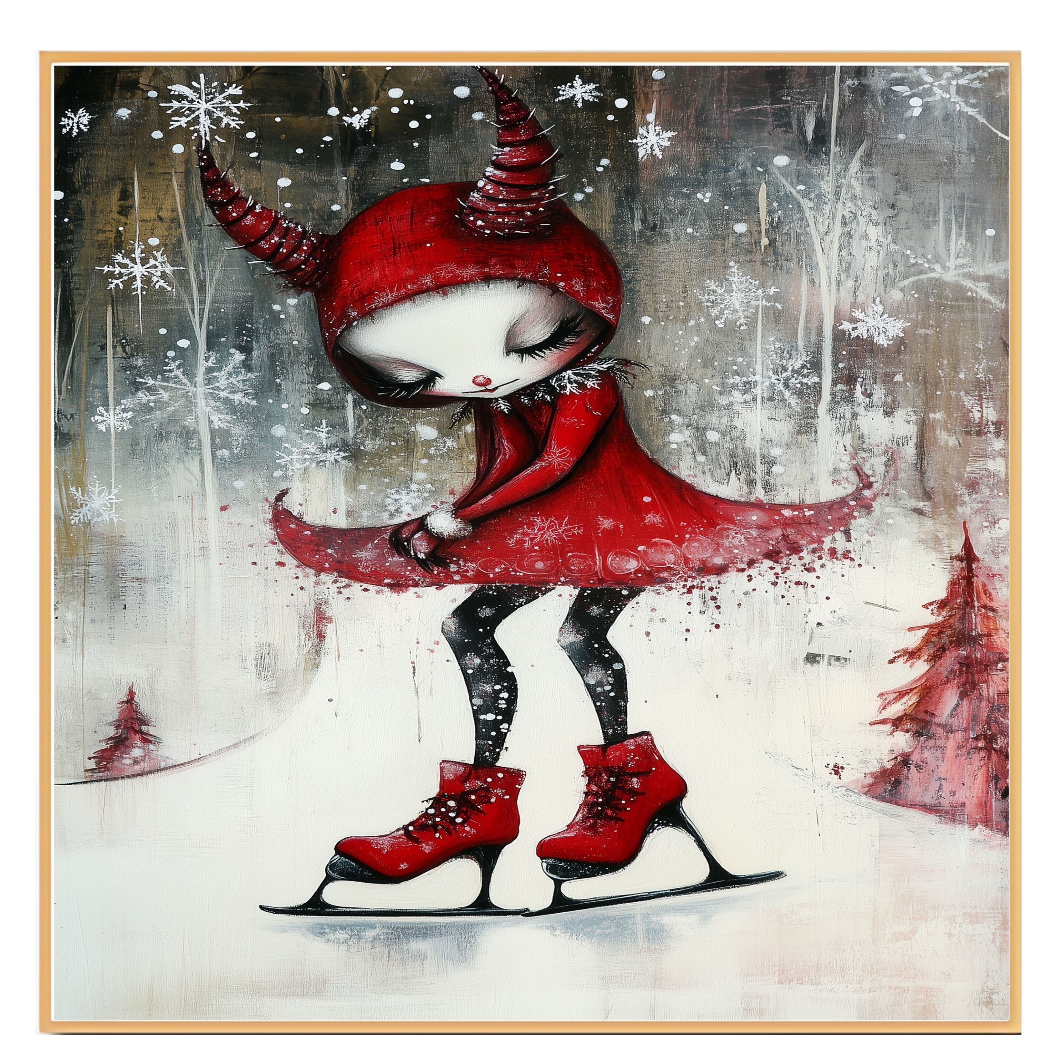 Whimsical Christmas Devil Girl Ice Skating in Red Hood and Dress Fantasy Winter Art Print or Canvas for Holiday Decor and Unique Gothic Gift on Ready to Hang 1.5" Thick Canvas Wrap, Floating Framed Canvas, Flat Rolled Canvas