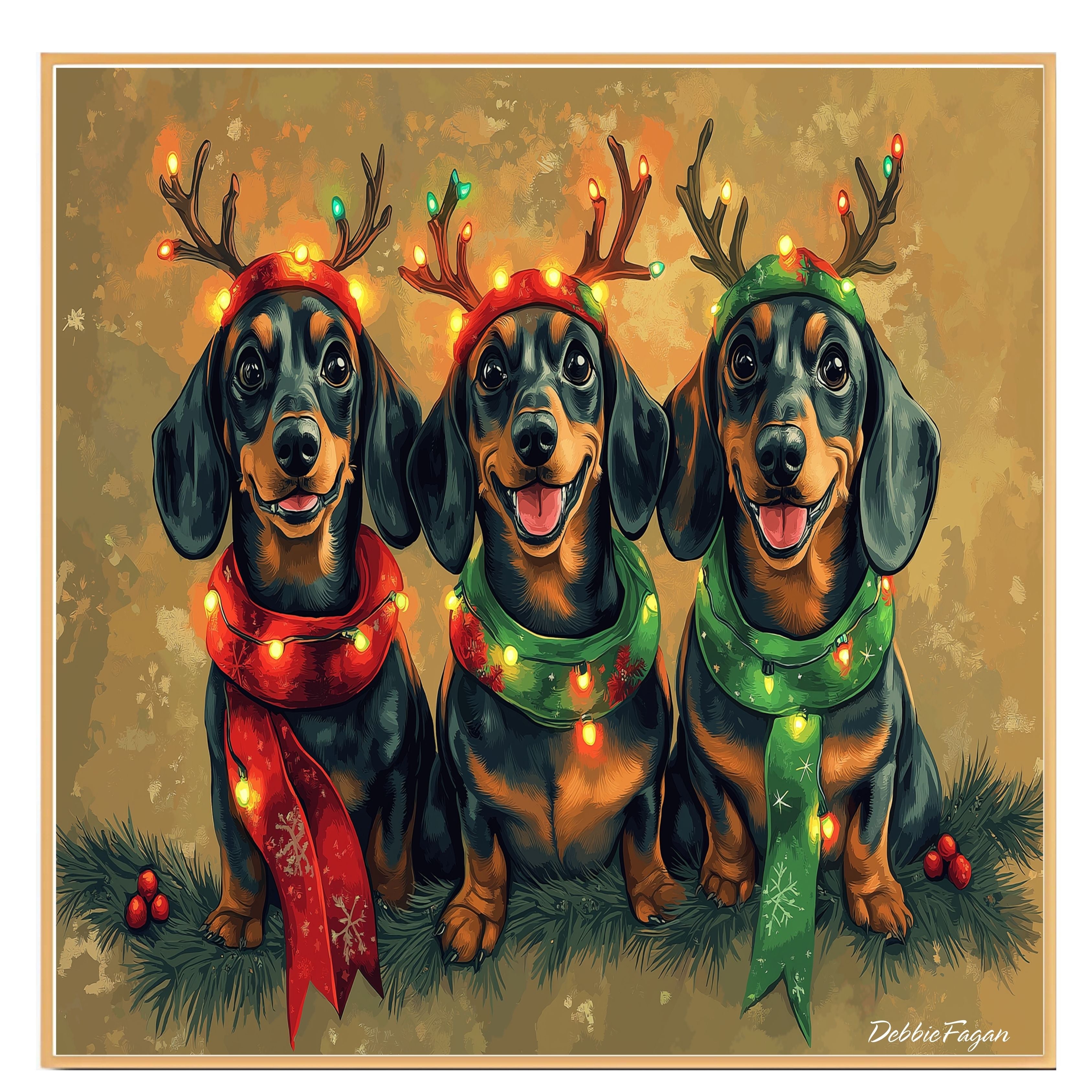 Dachshund Dogs Wrapped in Christmas String Lights on 1.5" Thick Canvas Wrap, Floating Framed Canvas, Flat Rolled Canvas, Premium Quality Ready to Hang Room Decor Wall Art