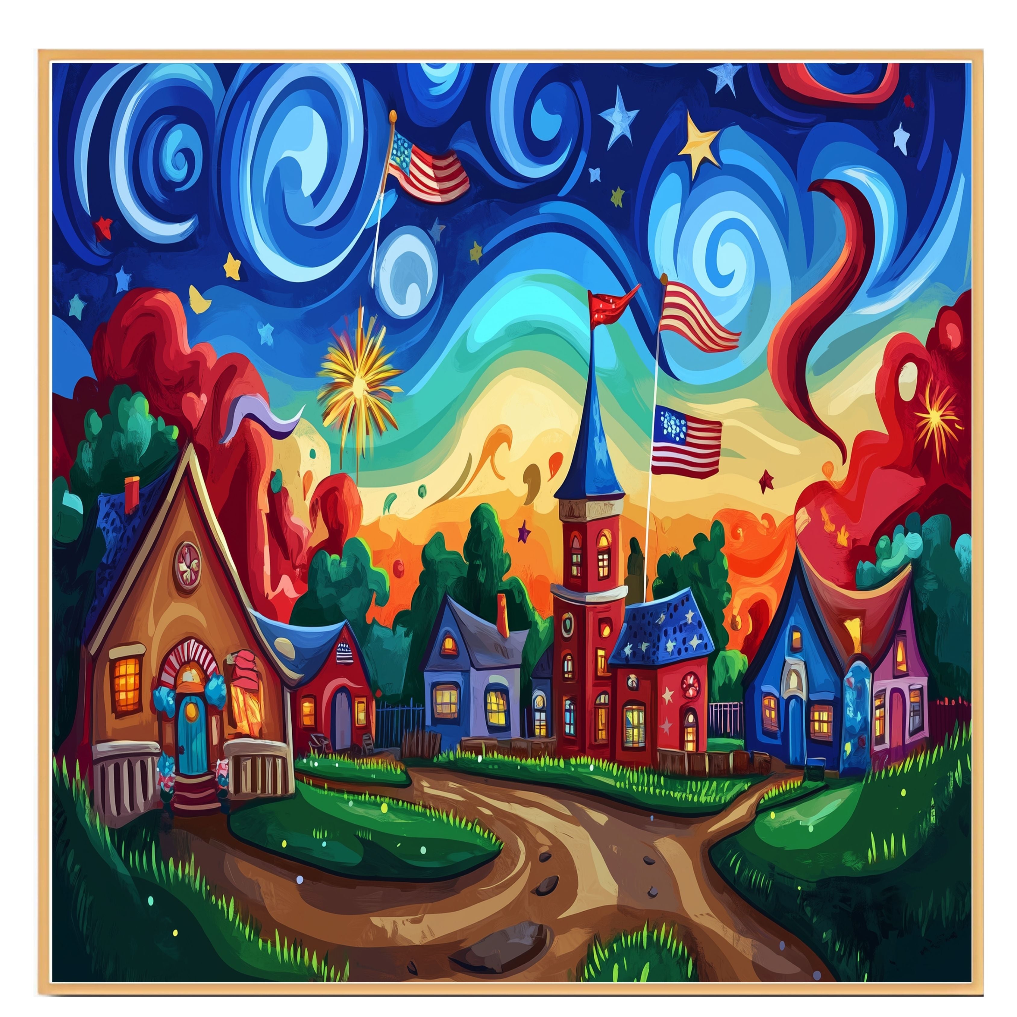 Colorful 4th of July Village with Fireworks, American Flags, and Swirling Sky, Whimsical Sunset Scene with Bold Colors and Playful Patriotic Celebration on Ready to Hang 1.5" Thick Canvas Wrap, Floating Framed Canvas, Flat Rolled Canvas