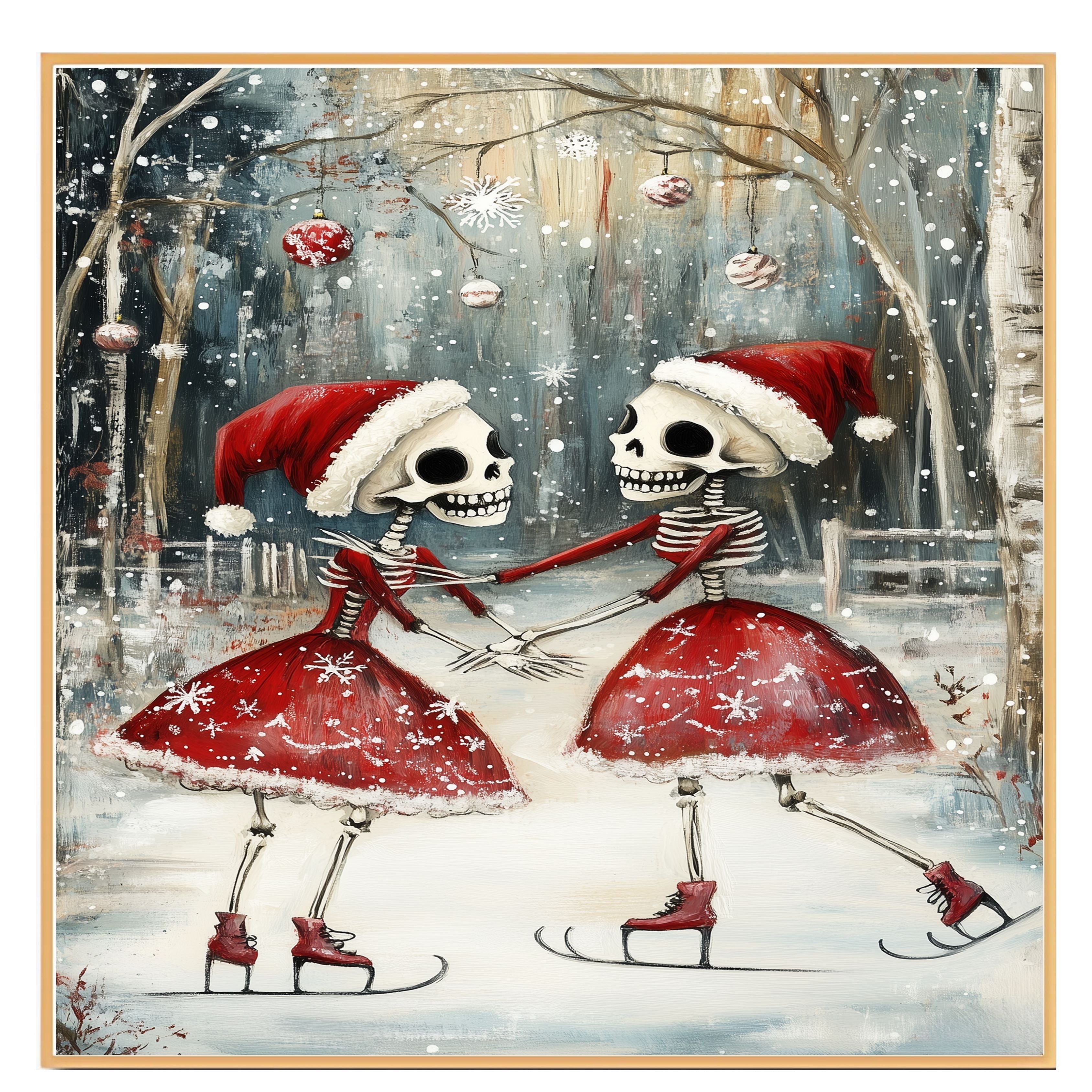 Whimsical Skeleton Ice Skating Christmas Print – Gothic Holiday Art with Dancing Skeletons in Santa Hats, Spooky Winter Scene, Quirky Festive Wall Decor on Ready to Hang 1.5" Thick Canvas Wrap, Floating Framed Canvas, Flat Rolled Canvas