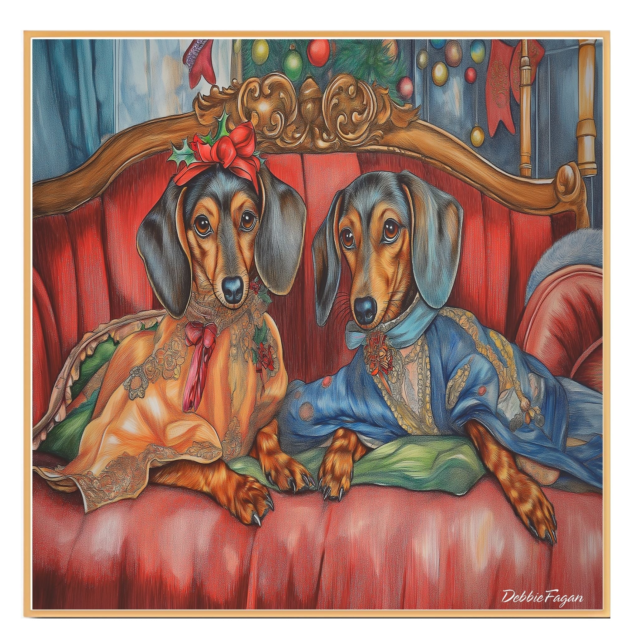 Dachshund Christmas Canvas - "Chic Doxies in Cozy Serenity" - Elegant Dogs Relaxing on a Couch on Ready to Hang 1.5" Thick Canvas Wrap, Floating Framed Canvas, Flat Rolled Canvas