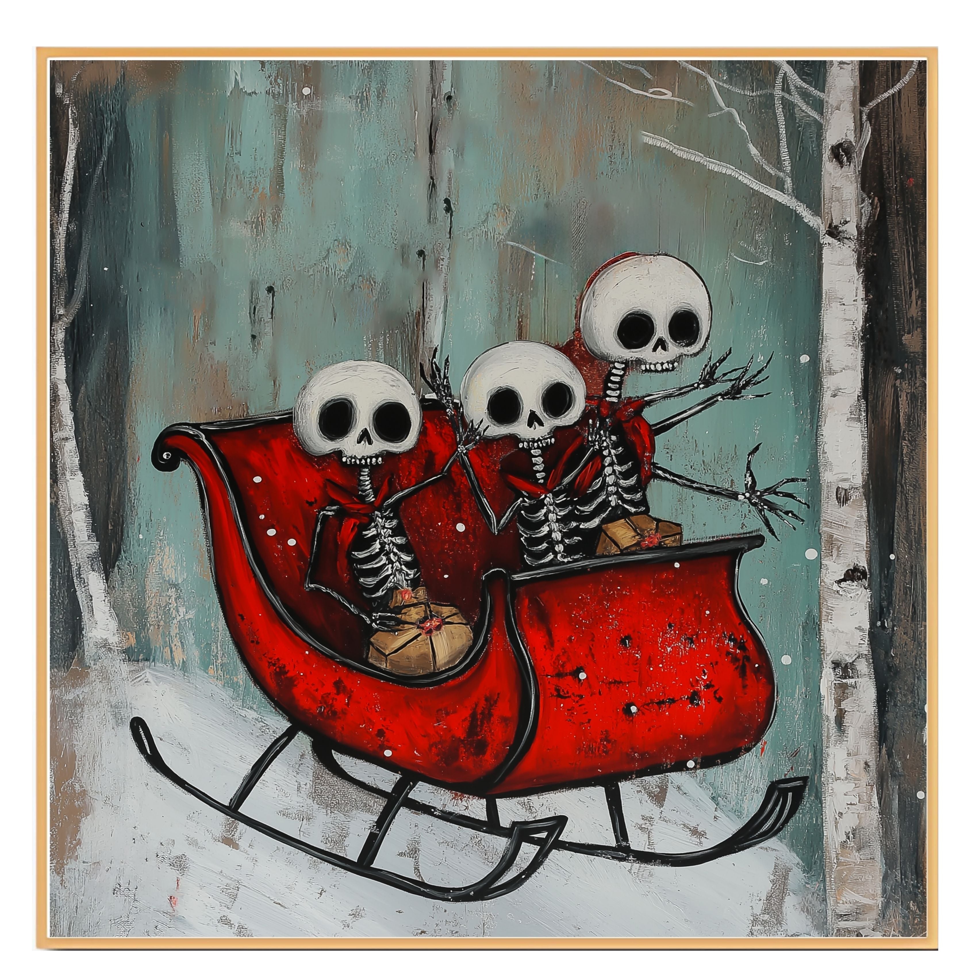 Whimsical Skeleton Sleigh Ride Christmas Print – Gothic Holiday Wall Art with Skeleton Friends in Red Sleigh, Spooky Winter Decor, Quirky Festive Illustration on Ready to Hang 1.5" Thick Canvas Wrap, Floating Framed Canvas, Flat Rolled Canvas