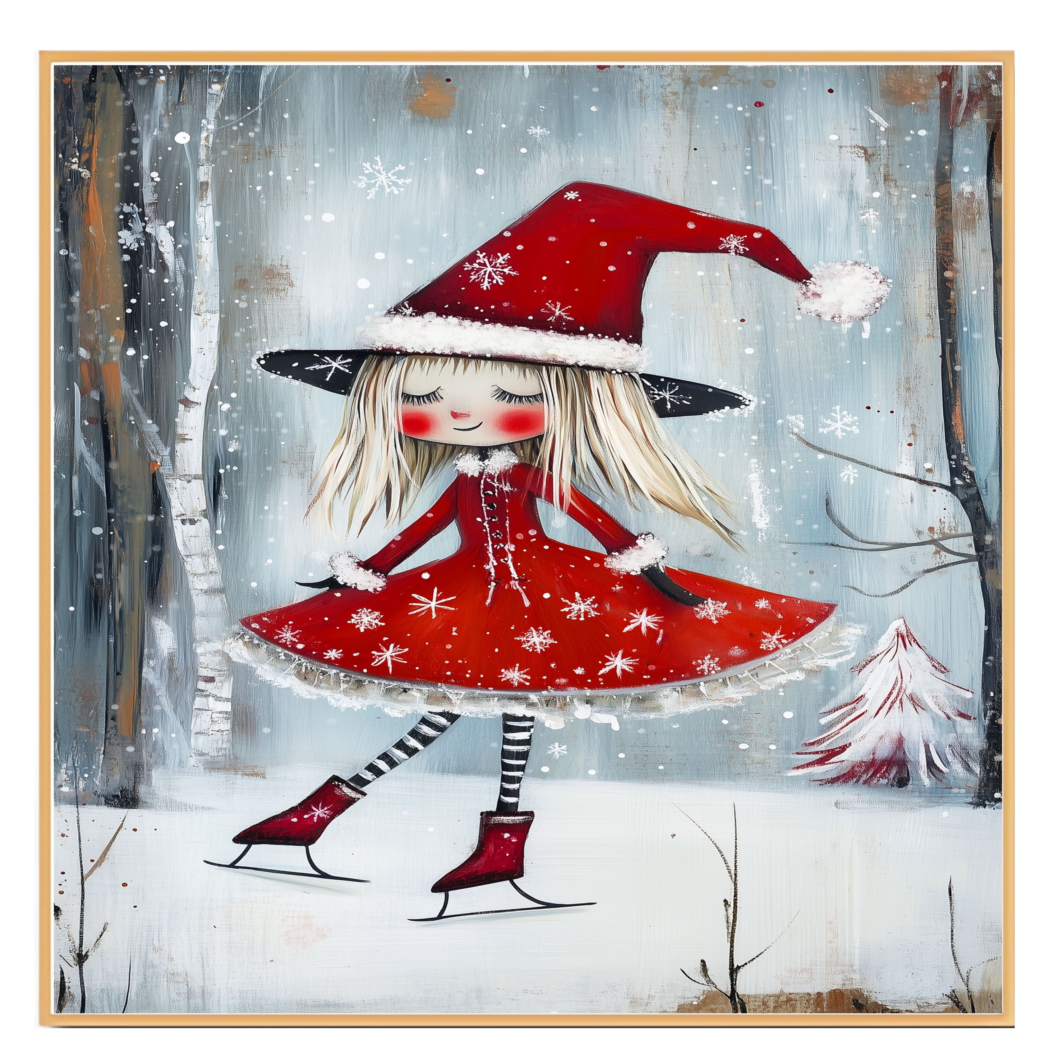 Christmas Witch Ice Skating Print – Whimsical Red Dress & Striped Tights Holiday Art, Cute Winter Witch Decor, Magical Snowy Season Wall Art for Girls' Room or Nursery on Ready to Hang 1.5" Thick Canvas Wrap, Floating Framed Canvas, Flat Rolled Canvas