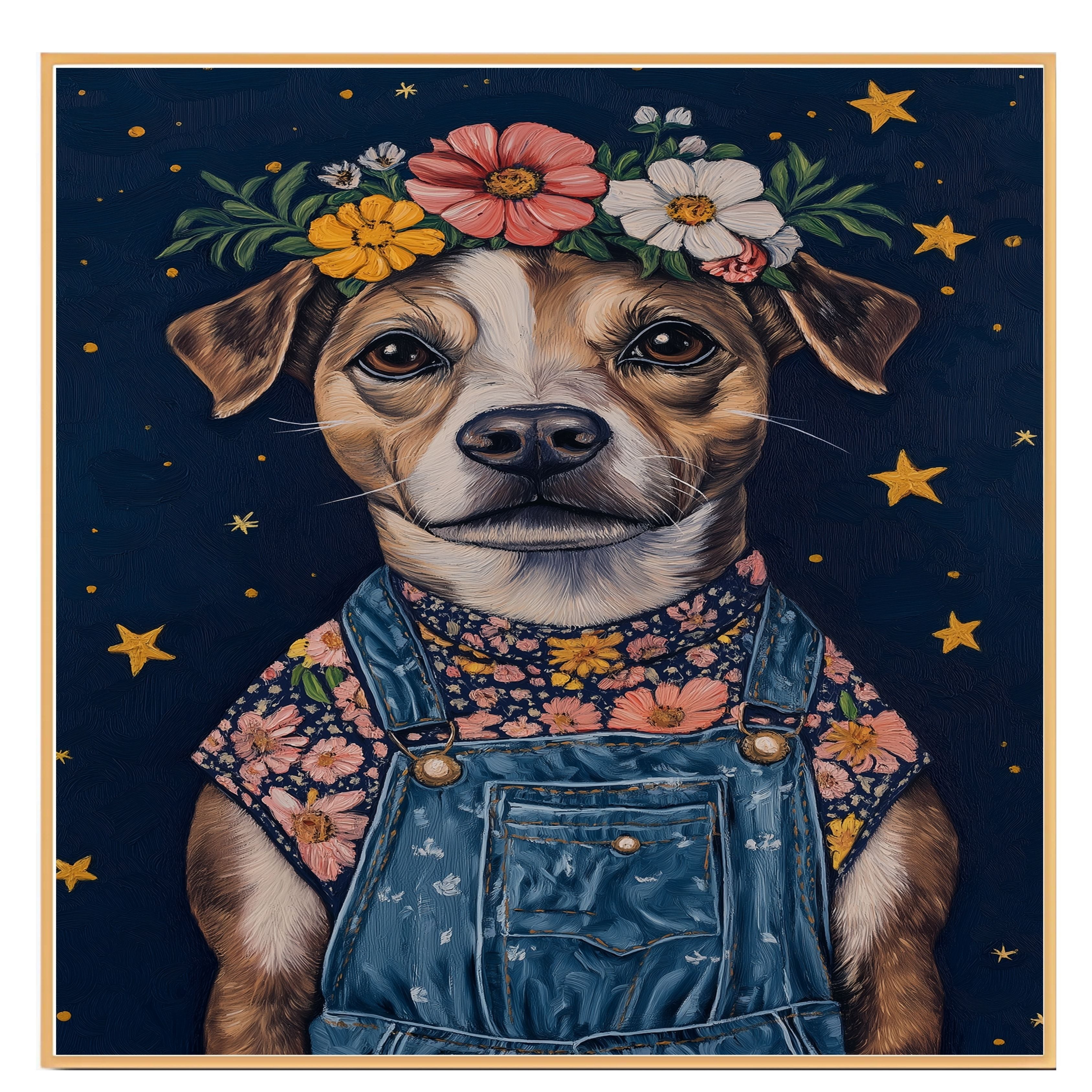 Dog Wearing Overalls and Floral Crown Art Whimsical Animal Painting for Nursery Farmhouse Decor Dog Lover Gift Cute Rustic Wall Print for Bedroom or Living Room on Ready to Hang 1.5" Thick Canvas Wrap, Floating Framed Canvas, Flat Rolled Canvas