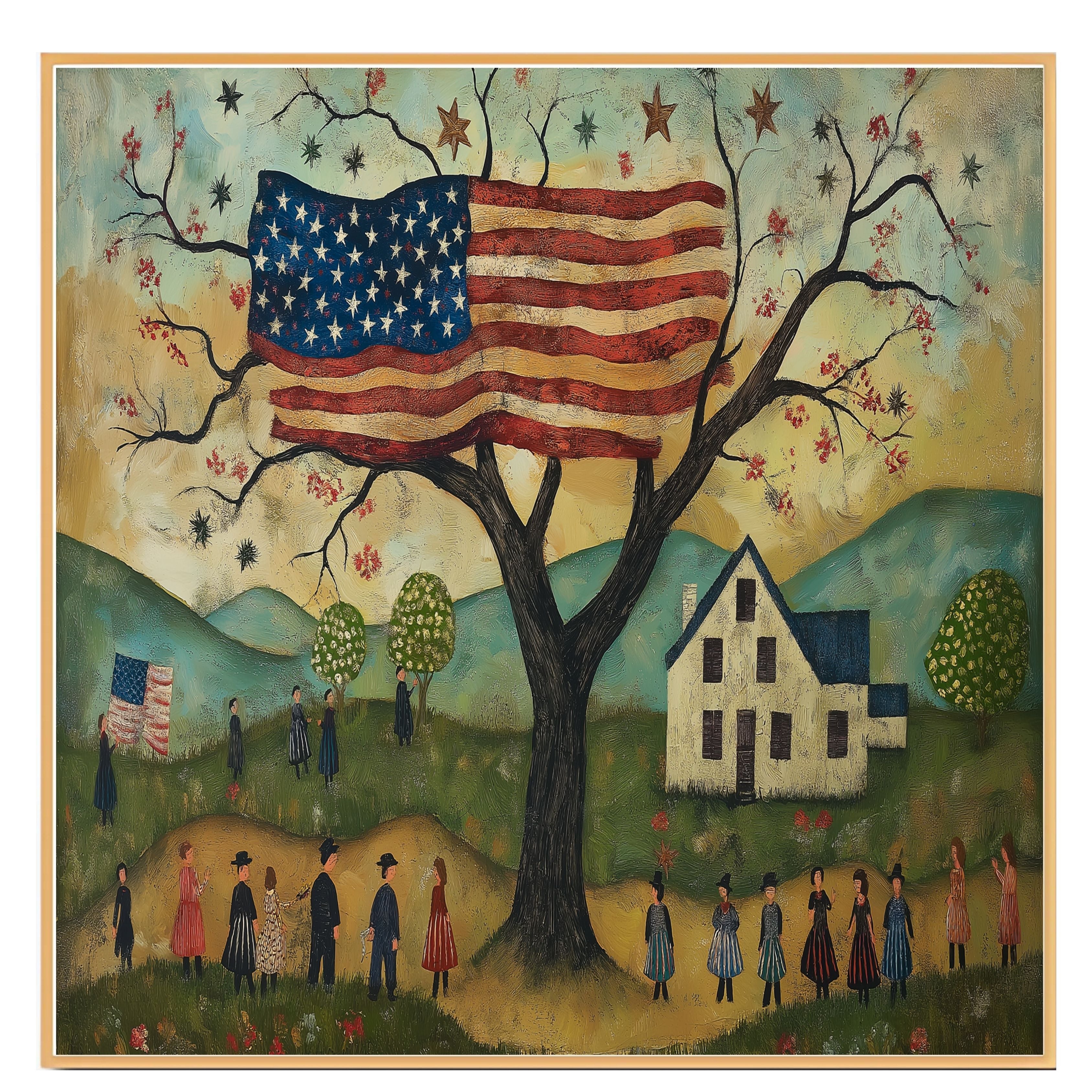 Charming Folk Art Scene of 4th of July Celebration with American Flag Tree, Village Parade, and Country Landscape in a Whimsical Patriotic Americana Style on Ready to Hang 1.5" Thick Canvas Wrap, Floating Framed Canvas, Flat Rolled Canvas