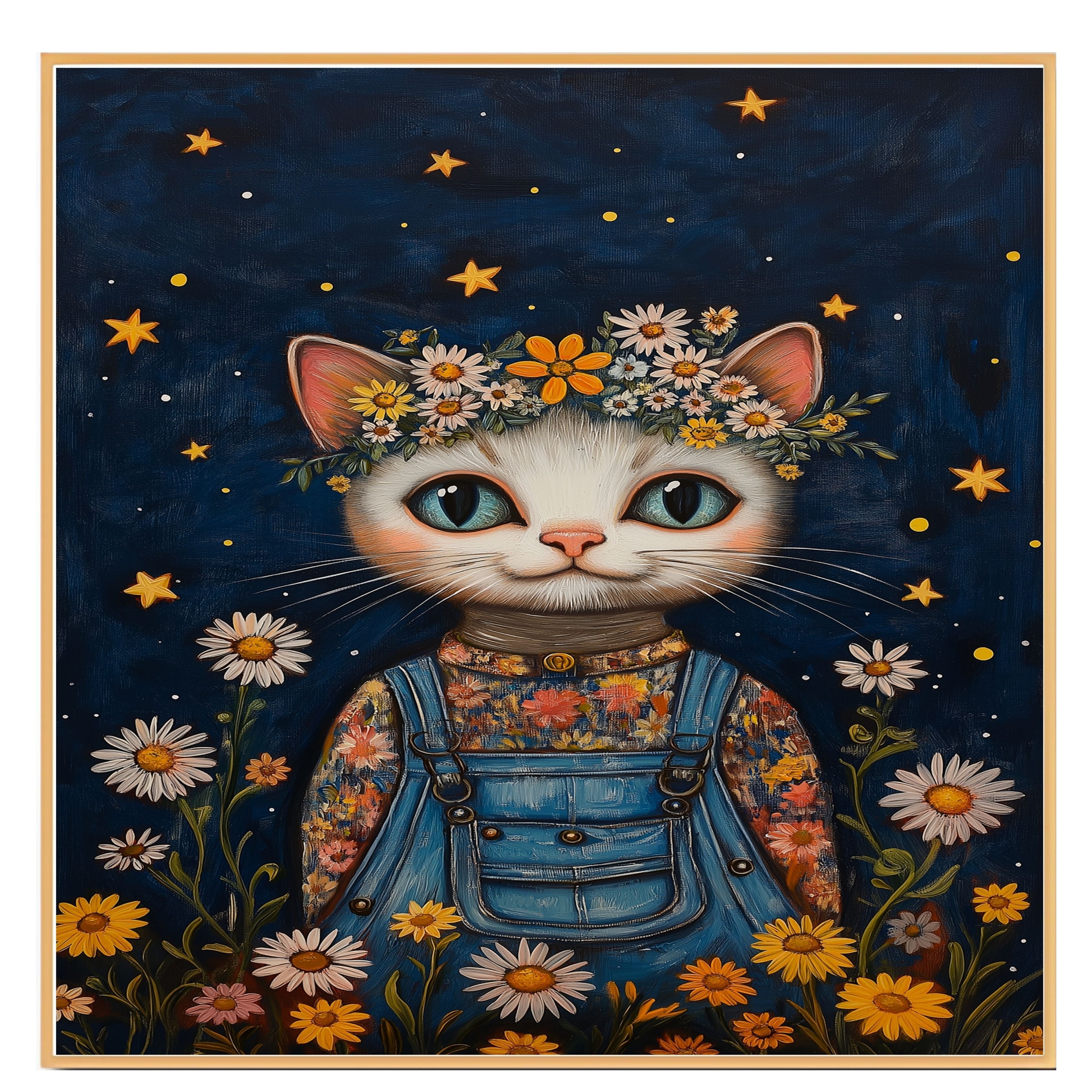 Cute Cat in Overalls with Flower Crown Whimsical Hand Painted Floral Art Night Sky Wall Decor for Nursery Kids Room Bedroom or Gift for Cat Lovers on Ready to Hang 1.5" Thick Canvas Wrap, Floating Framed Canvas, Flat Rolled Canvas