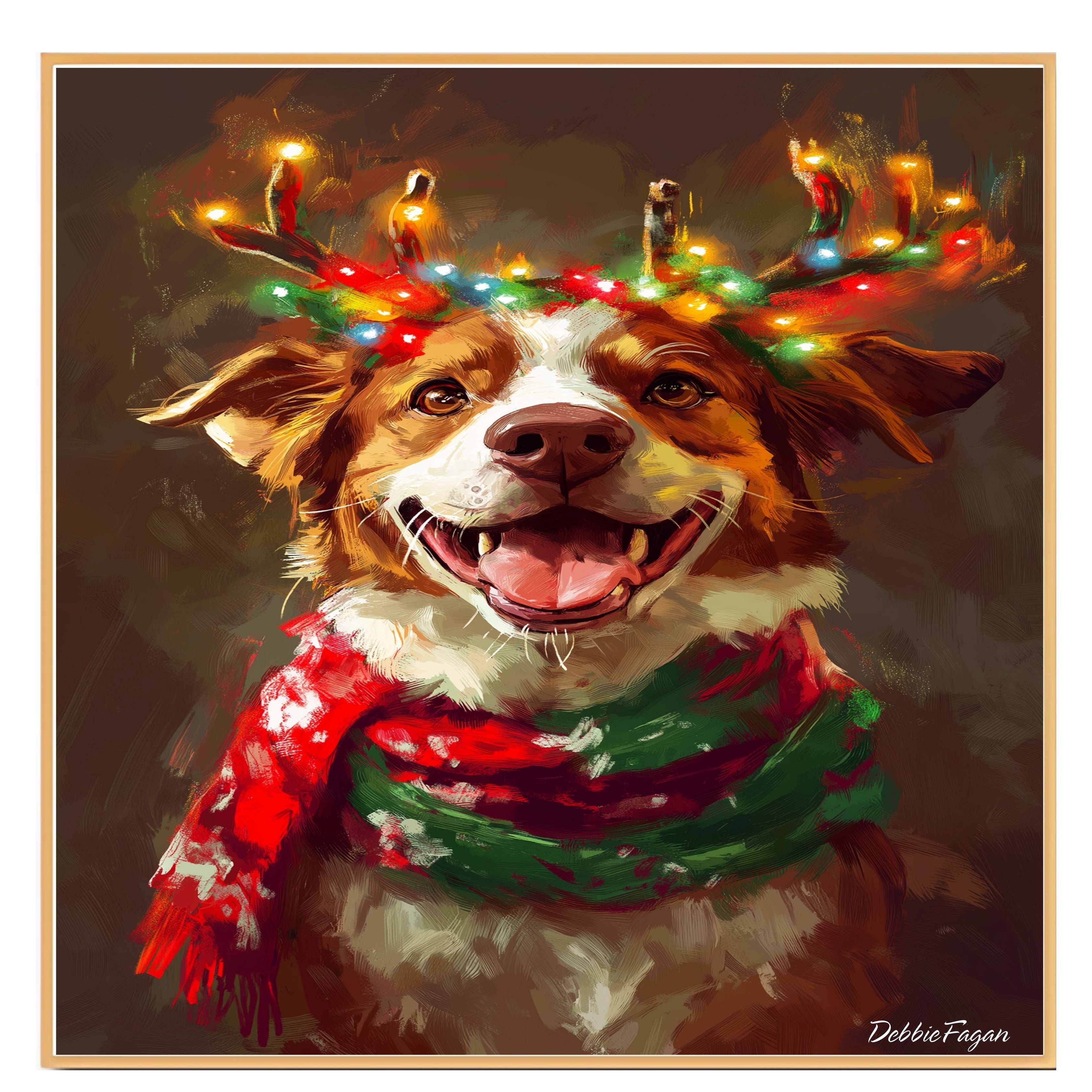 Christmas Glow - 'Rustic Wonder' - Australian Shepherd with Twinkling Antlers & Festive Scarf Rustic, Ready to Hang 1.5" Thick Canvas Wrap, Floating Framed Canvas, Flat Rolled Canvas