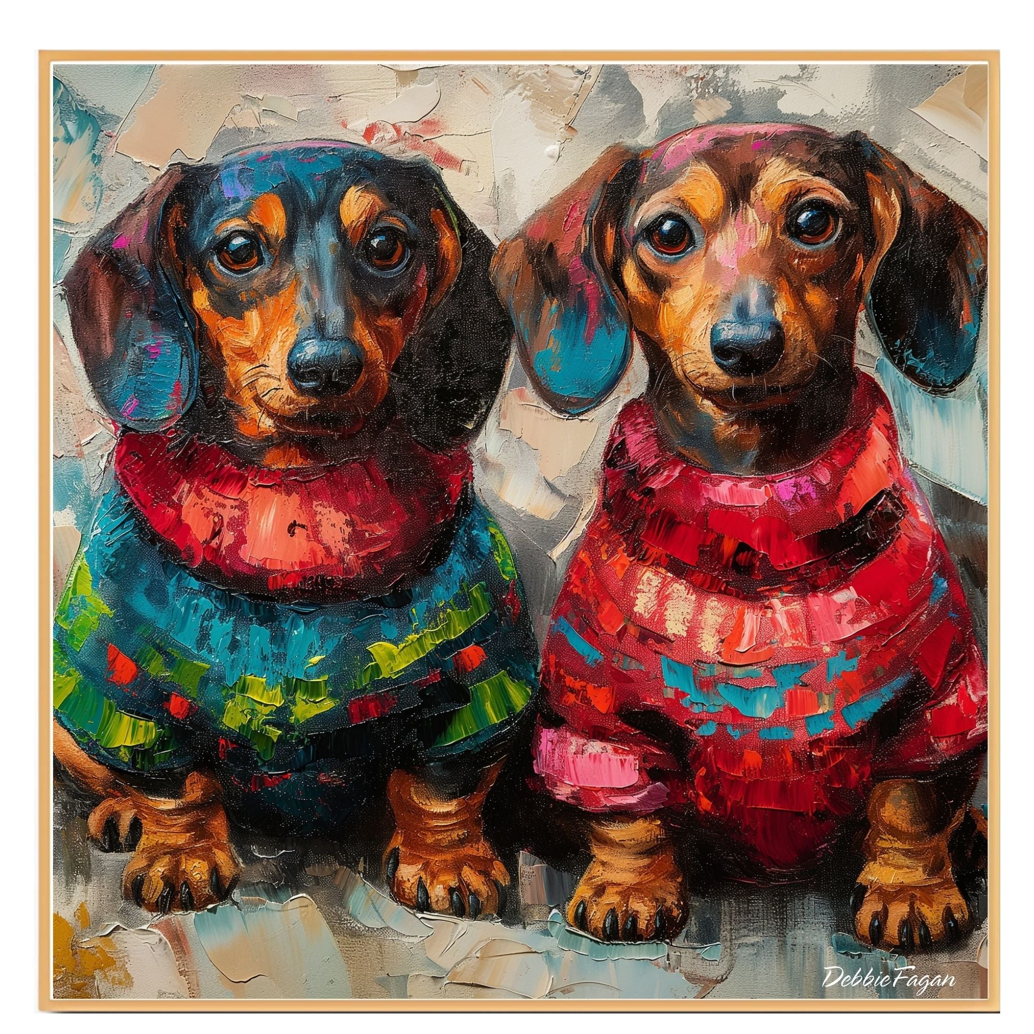 Dachshund Christmas Canvas - "Wiener Doxie Duo Charm" - Cozy Sweater Pair on Abstract Oil-Style Background on Ready to Hang 1.5" Thick Canvas Wrap, Floating Framed Canvas, Flat Rolled Canvas