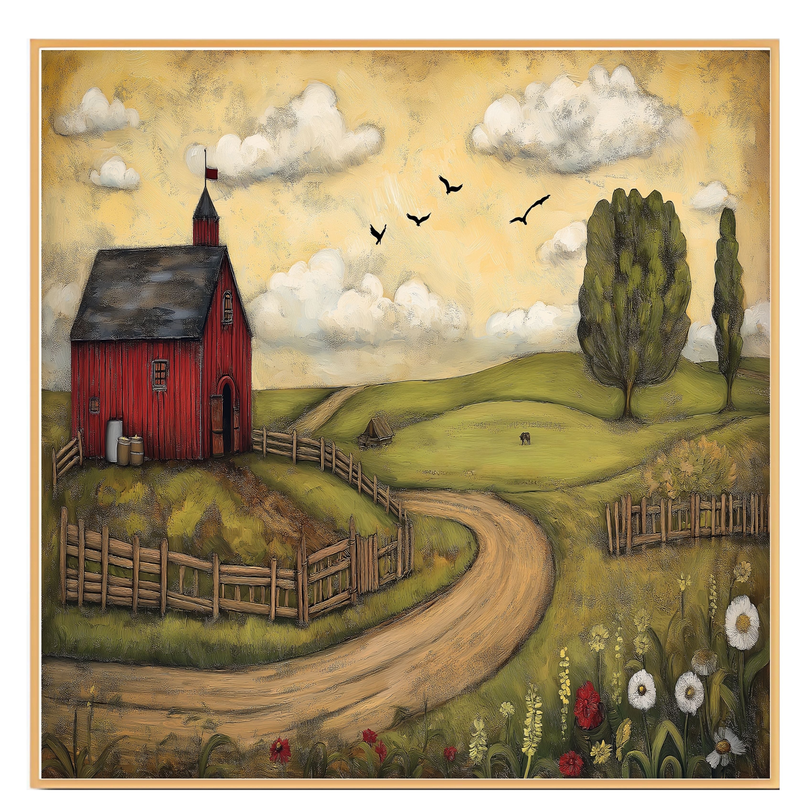Country Farm Folk Art Print Featuring Red Barn and Rolling Hills Hand Drawn Rustic Landscape Illustration for Cozy Home Wall Decor or Unique Gift Idea on Ready to Hang 1.5" Thick Canvas Wrap, Floating Framed Canvas, Flat Rolled Canvas