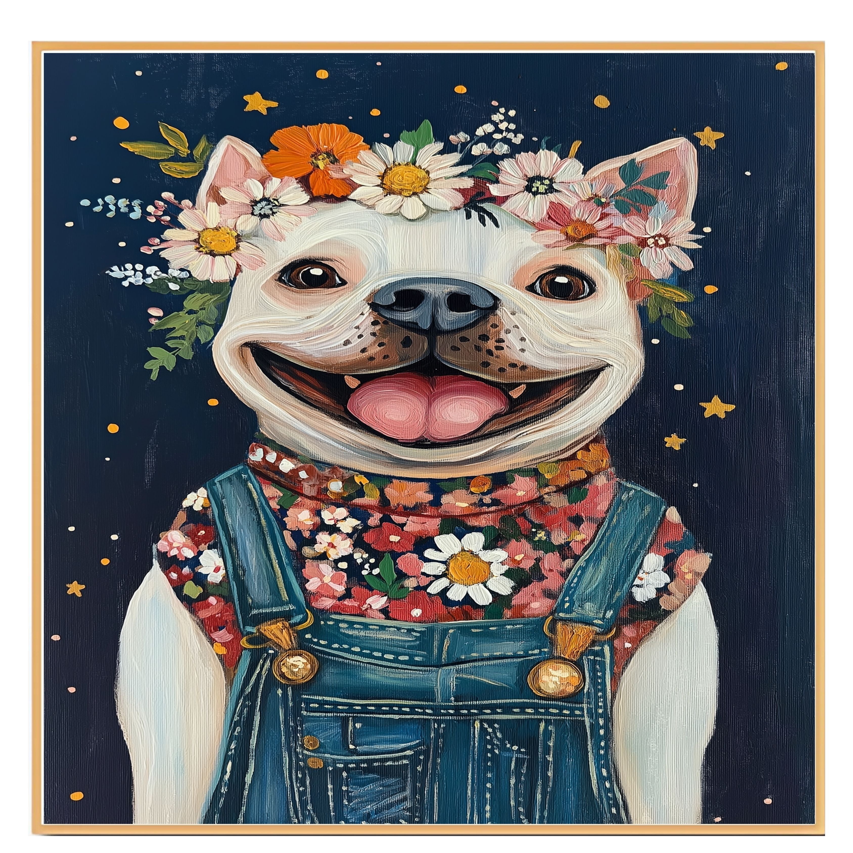 Happy White Dog Wearing Overalls and Floral Shirt Whimsical Farmhouse Art Perfect for Nursery Bedroom Living Room Dog Lover Gift Rustic Home Decor on Ready to Hang 1.5" Thick Canvas Wrap, Floating Framed Canvas, Flat Rolled Canvas