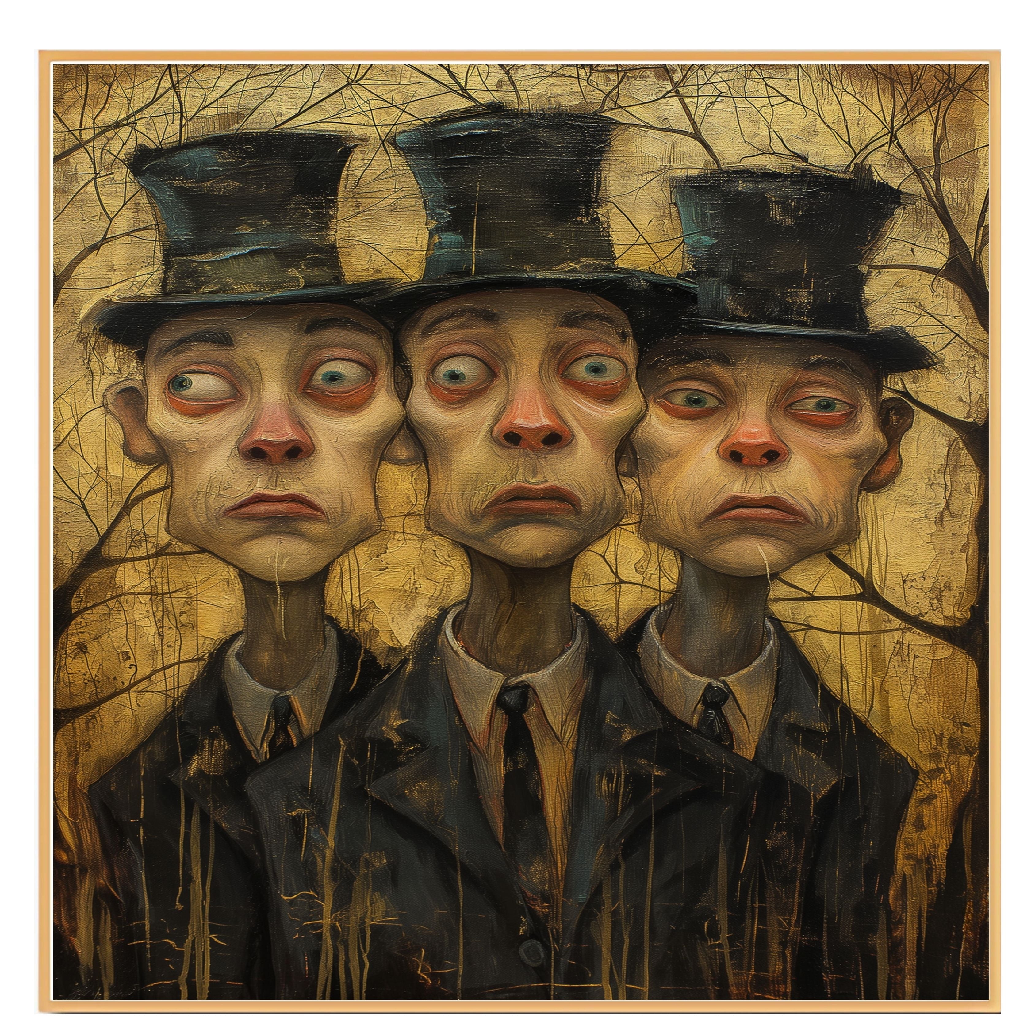 Expressive Trio of Men in Top Hats Moody Hand Painted Art Dark and Dramatic Portrait Perfect for Home Wall Decor Living Room Bedroom Office or Gift on Ready to Hang 1.5" Thick Canvas Wrap, Floating Framed Canvas, Flat Rolled Canvas