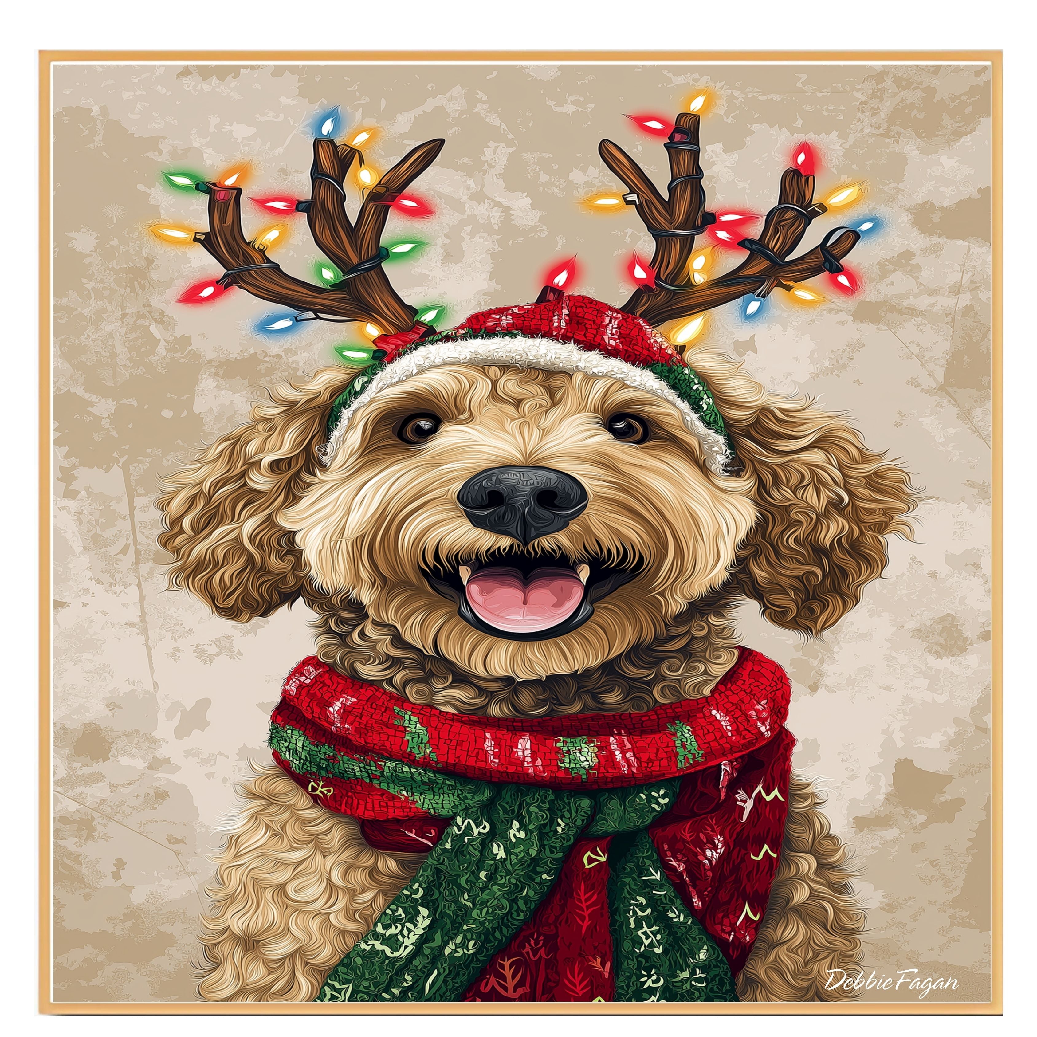 'Rustic Glow' - Bernedoodle Dog with Twinkling Antlers & Holiday Scarf on Rustic Background, Ready to Hang 1.5" Thick Canvas Wrap, Floating Framed Canvas, Flat Rolled Canvas