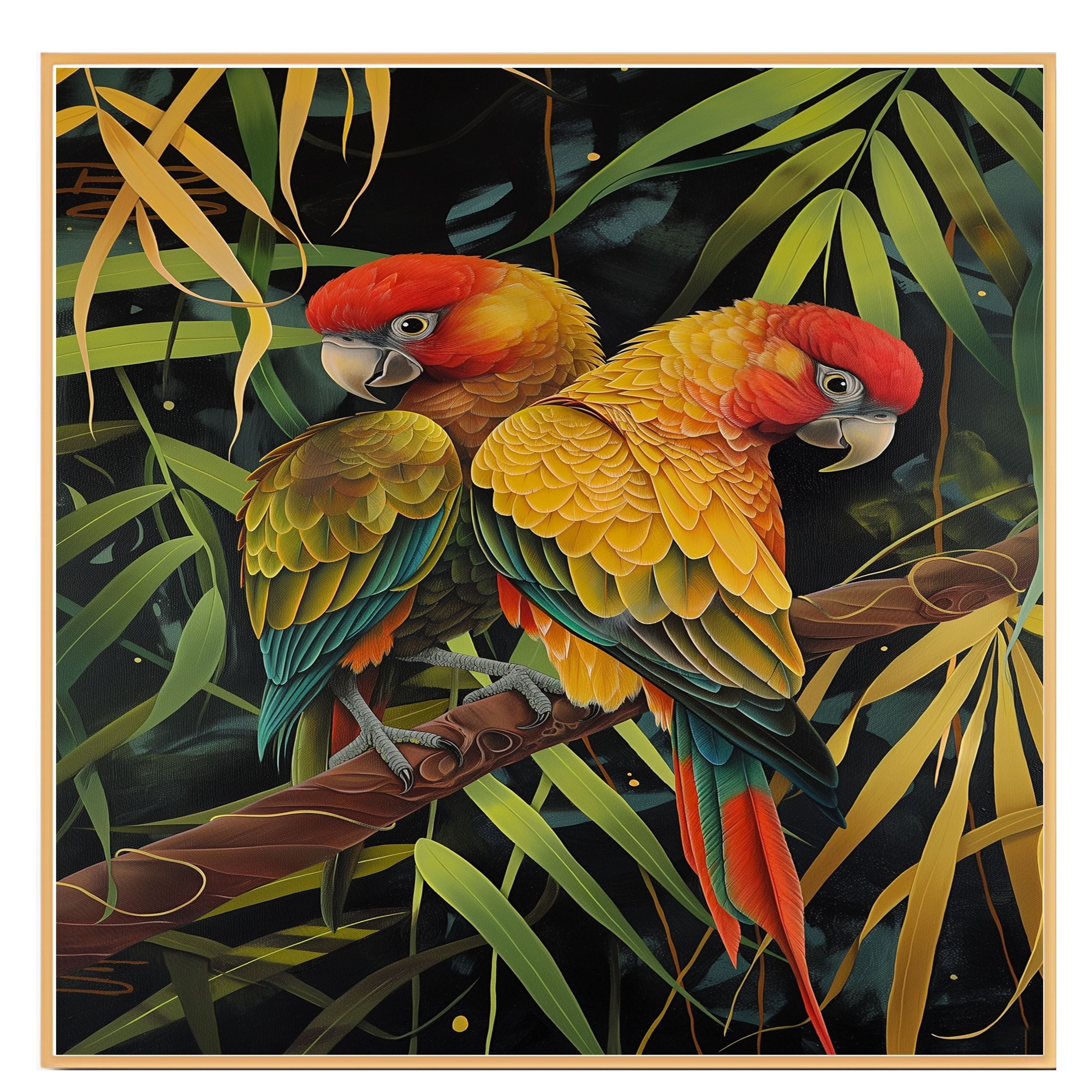 Jungle Parrot Pair Artwork Featuring Red and Yellow Feathers with Green Wings Perched on a Branch in a Lush Tropical Setting with Stylized Foliage on Ready to Hang 1.5" Thick Canvas Wrap, Floating Framed Canvas, Flat Rolled Canvas
