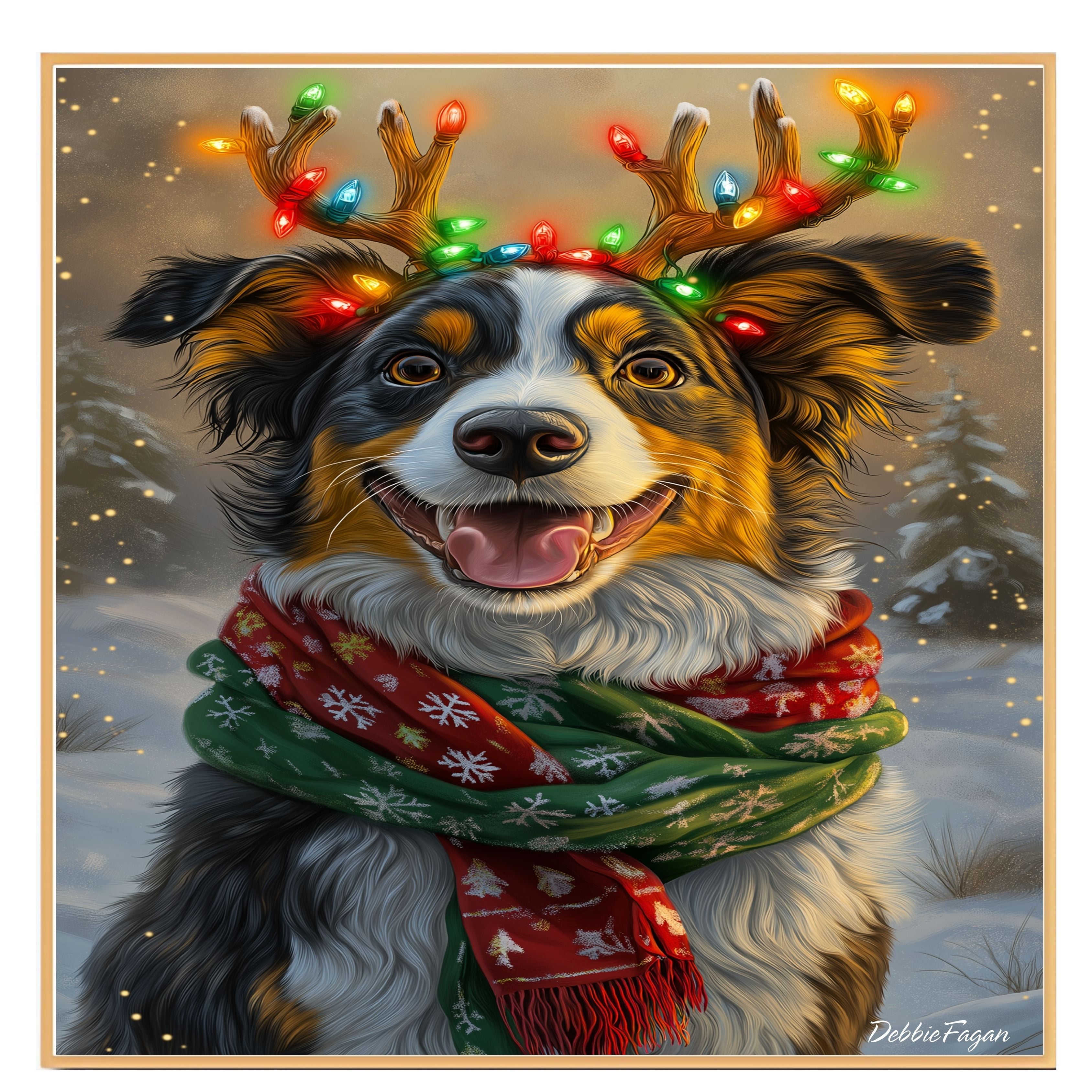 Australian Shepherd Christmas Charm - 'Merry Antlers' - Australian Shepherd Dog with Glowing Antlers & Holiday Scarf on Ready to Hang 1.5" Thick Canvas Wrap, Floating Framed Canvas, Flat Rolled Canvas