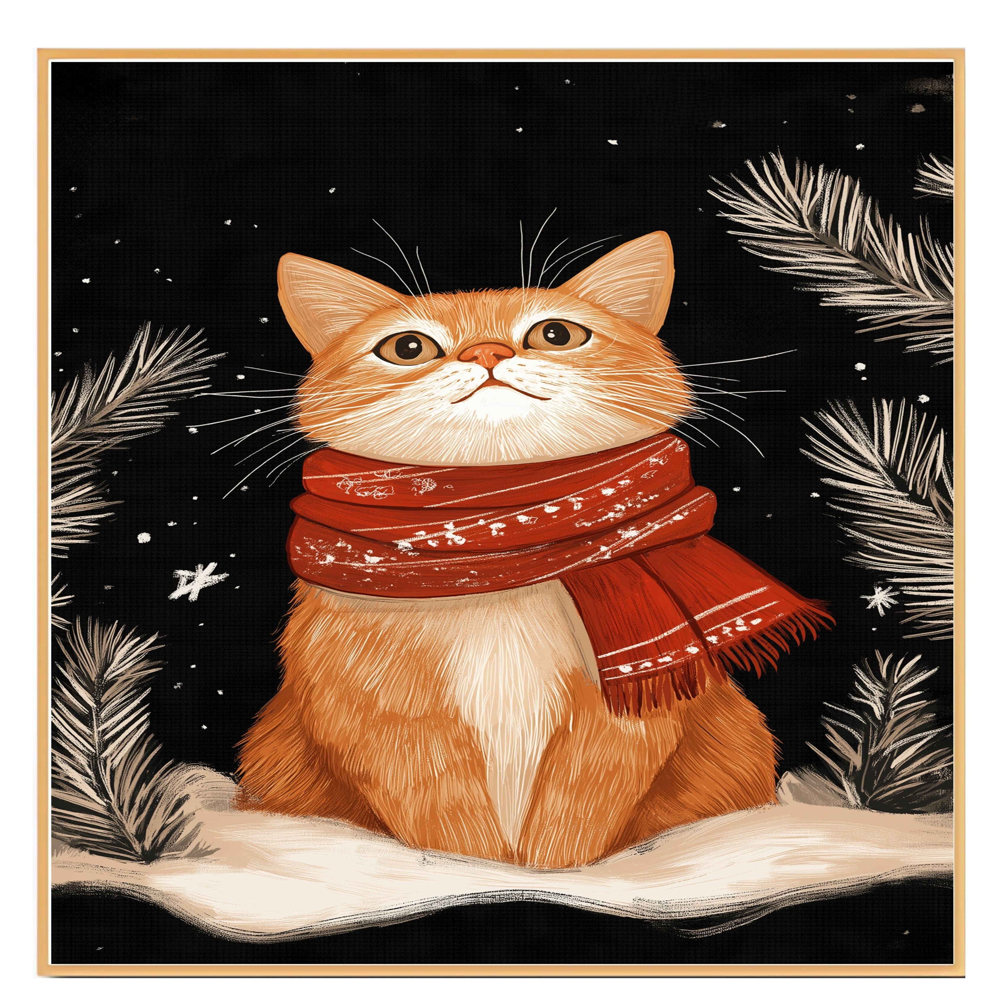 "Winter Paws Cat" - Cat in Red Scarf Sitting in Snow on Ready to Hang 1.5" Thick Canvas Wrap, Floating Framed Canvas, Flat Rolled Canvas