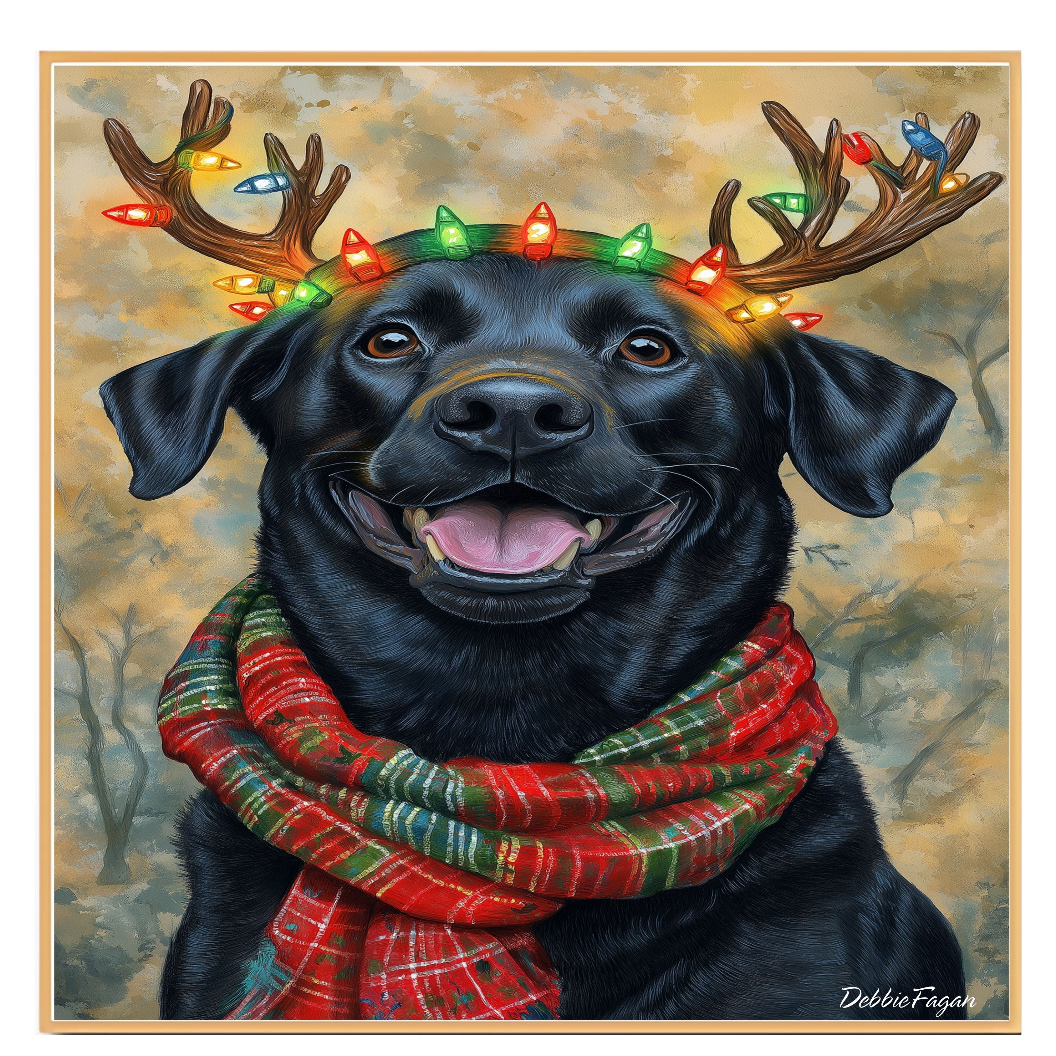 Forest Glow - Black Labrador Dog with Lighted Antlers & Holiday Scarf in Snowy Forest, Ready to Hang 1.5" Thick Canvas Wrap, Floating Framed Canvas, Flat Rolled Canvas