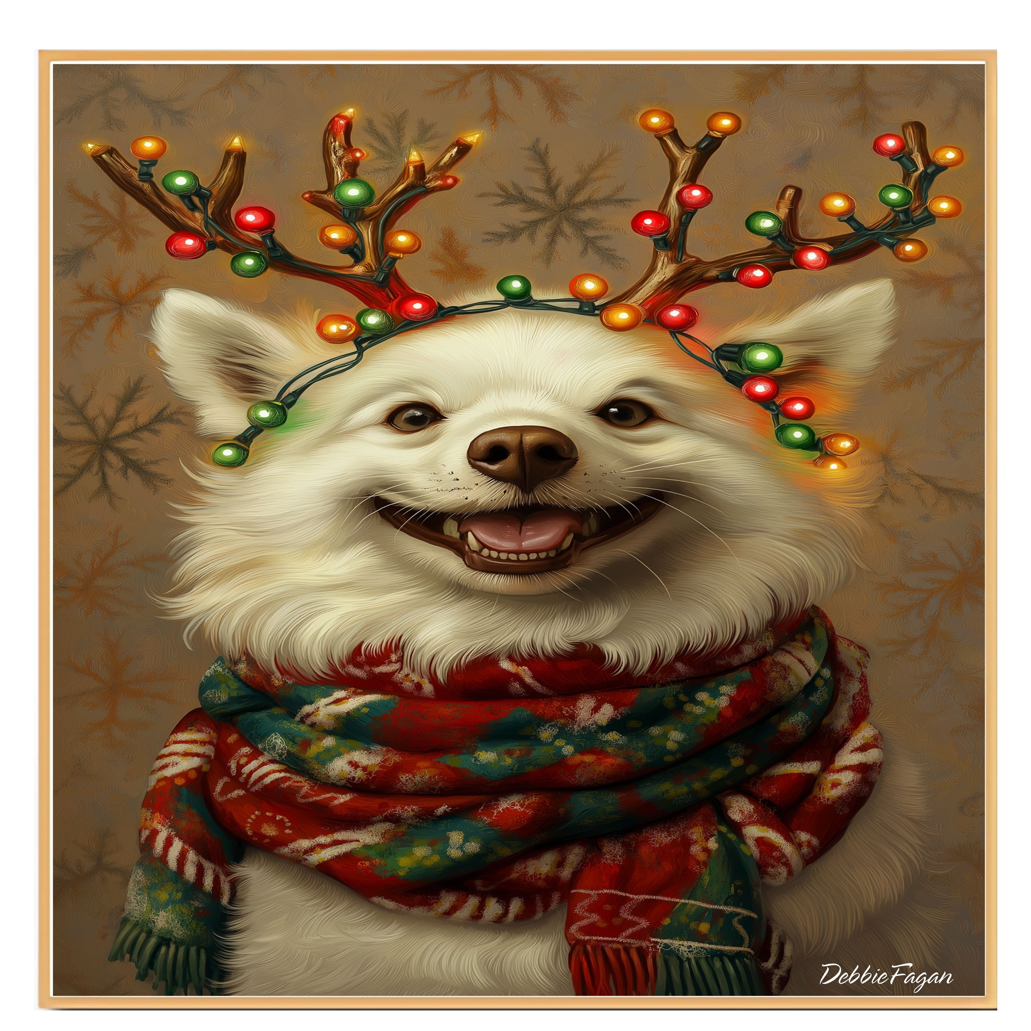 American Eskimo Winter Magic - 'Snowy Sparkle' - American Eskimo Dog with Festive Lighted Antlers & Holiday Scarf, Ready to Hang 1.5" Thick Canvas Wrap, Floating Framed Canvas, Flat Rolled Canvas