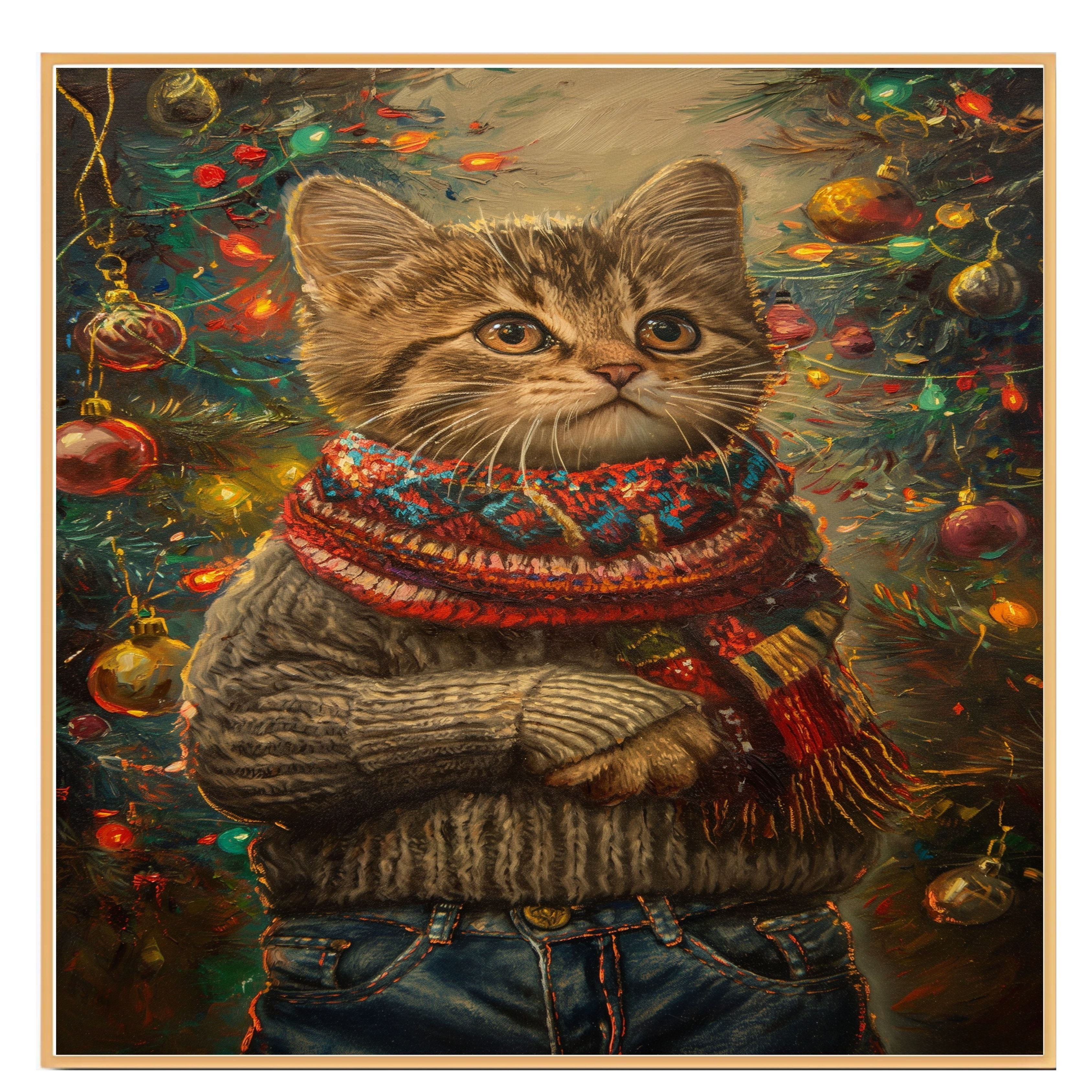 Christmas Kitten in Sweater and Scarf Adorable Holiday Cat Painting Cozy Winter Scene for Home Office Seasonal Christmas Decorations or Cat Lover Gift on Ready to Hang 1.5" Thick Canvas Wrap, Floating Framed Canvas, Flat Rolled Canvas