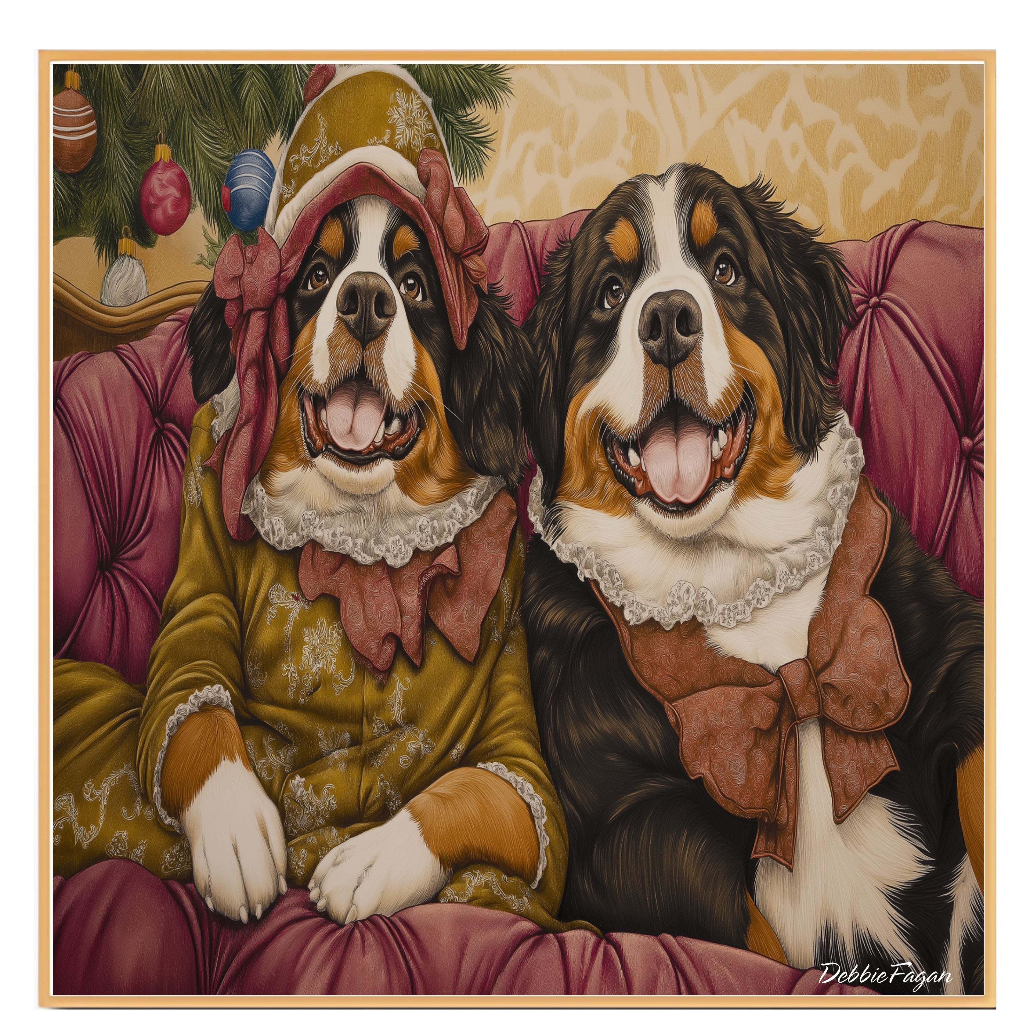 Christmas Canvas  - Bernese Elegance - Sophisticated Bernese Mountain Dogs Lounging on a Vintage Red Ornate Sofa on Ready to Hang 1.5" Thick Canvas Wrap, Floating Framed Canvas, Flat Rolled Canvas