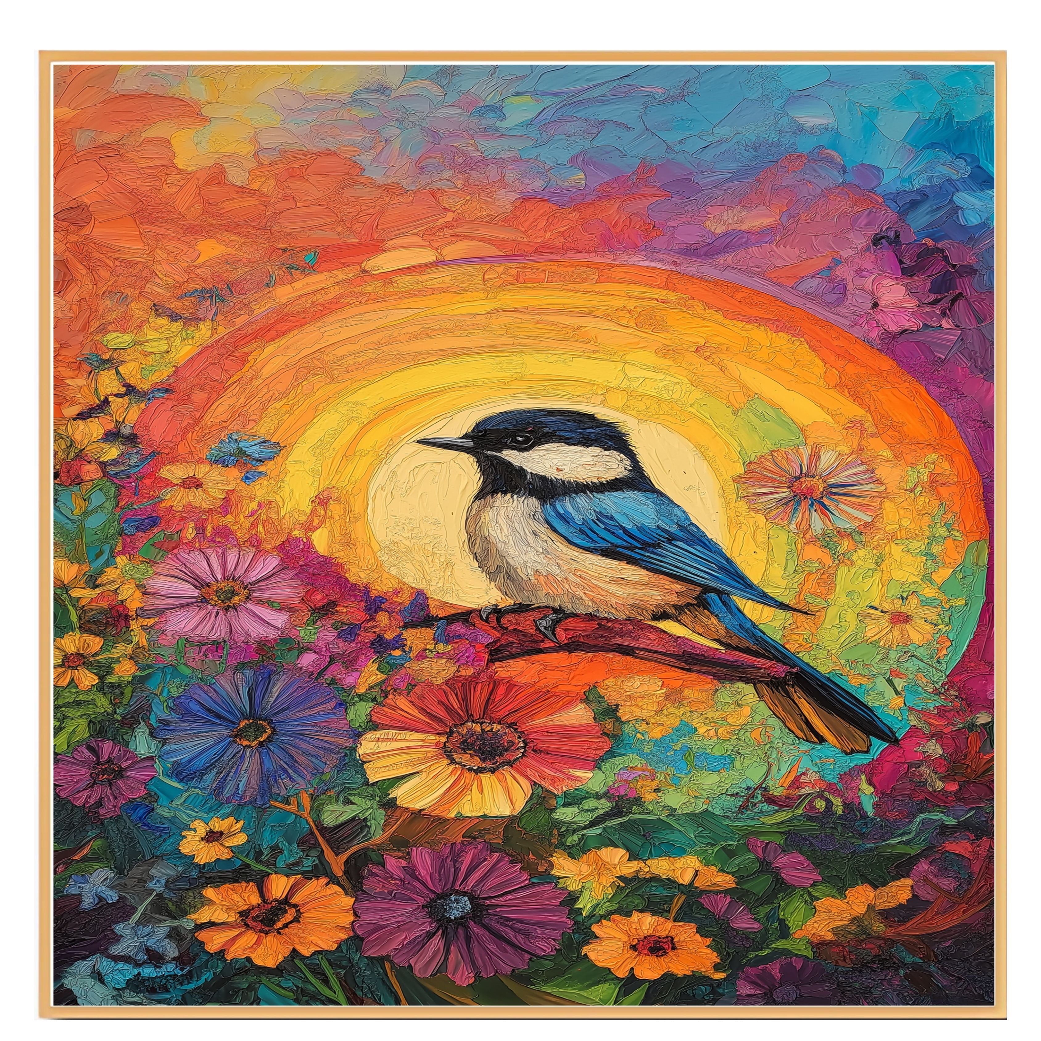 Chickadee Among Bright Wildflowers with Radiant Rainbow Sunburst Background on Ready to Hang 1.5" Thick Canvas Wrap, Floating Framed Canvas, Flat Rolled Canvas