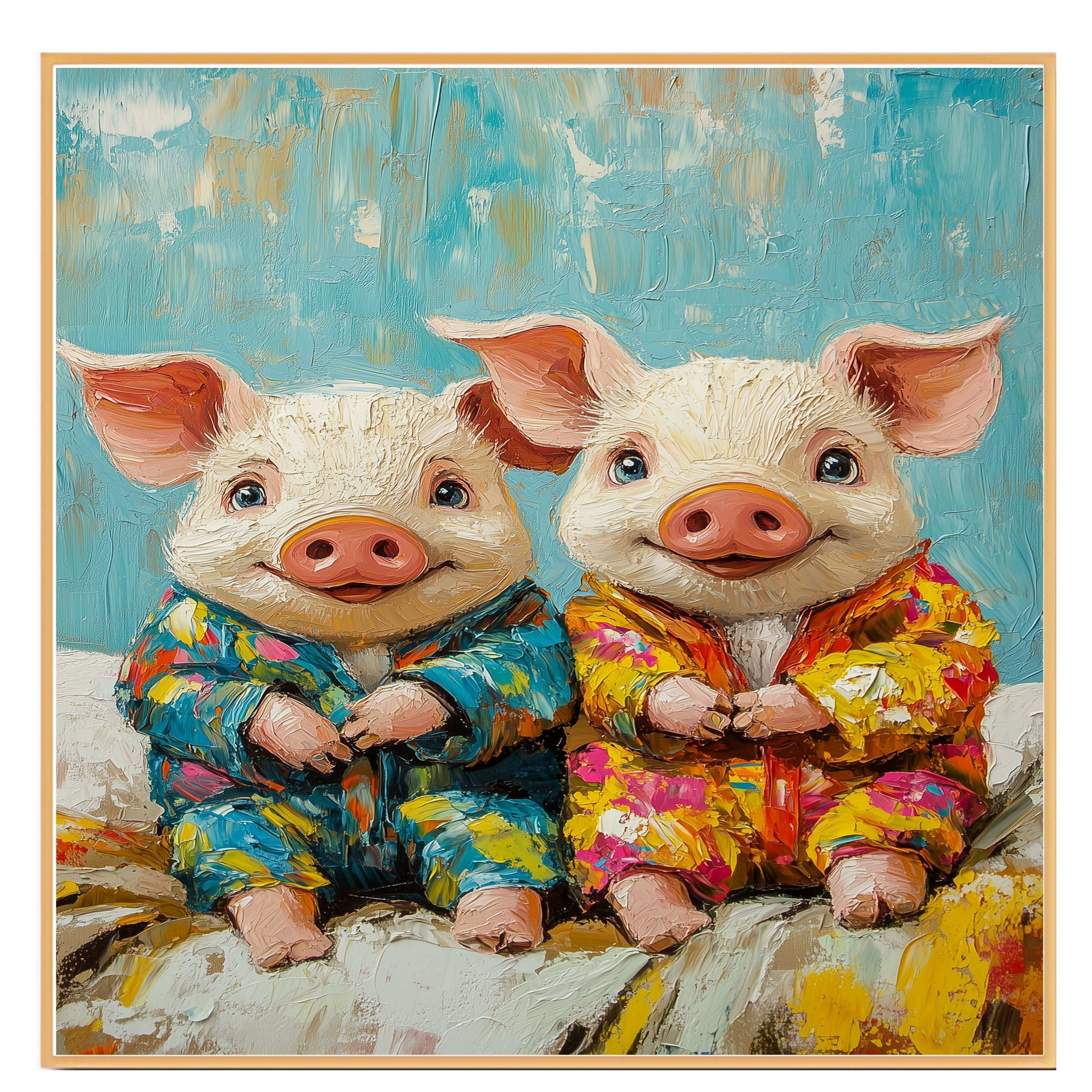 Joyful Painting of Two Cute Piglets in Bright Floral Pajamas Sitting Happily with Playful Expressions in a Textured Whimsical Style on Ready to Hang 1.5" Thick Canvas Wrap, Floating Framed Canvas, Flat Rolled Canvas