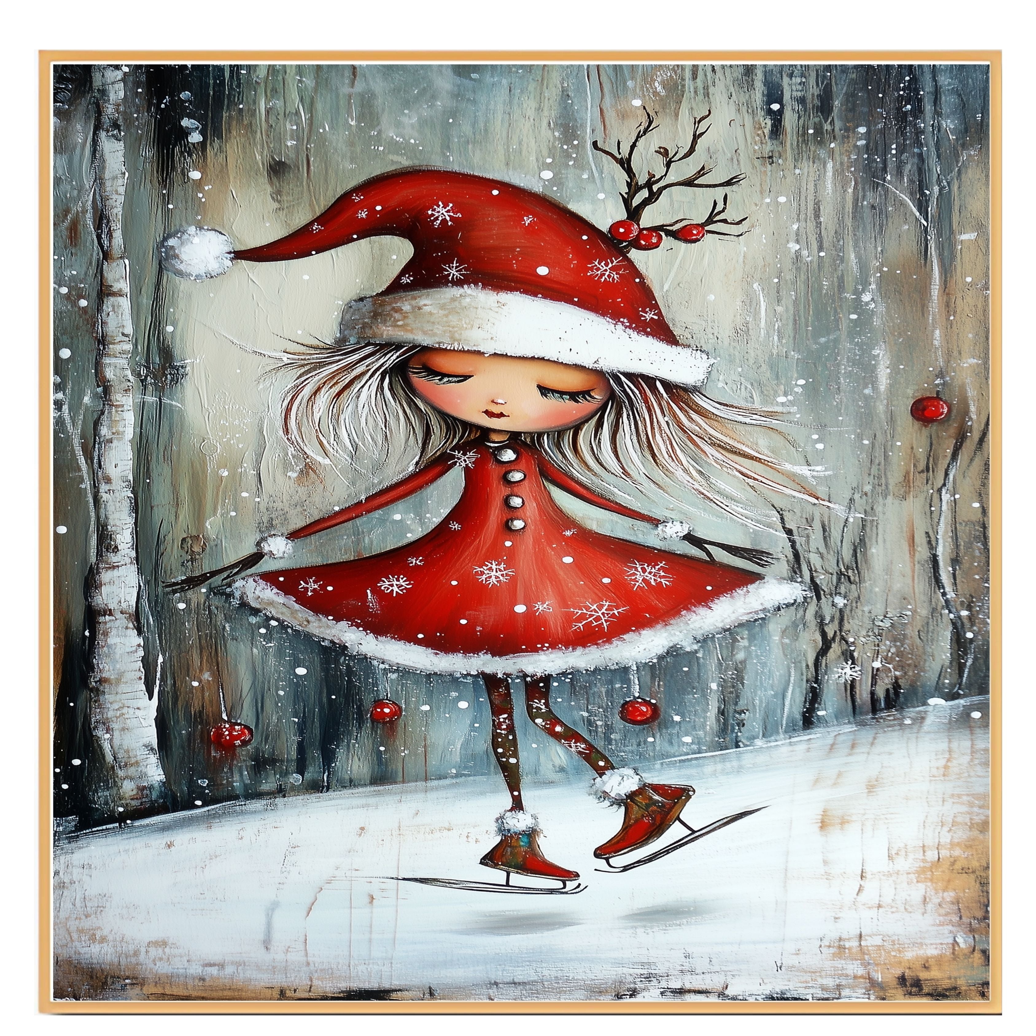 Christmas Witch Ice Skating Print – Whimsical Red Dress & Antler Hat Holiday Art, Winter Fairy Girl Wall Decor, Enchanted Snow Scene for Kids Room or Nursery on Ready to Hang 1.5" Thick Canvas Wrap, Floating Framed Canvas, Flat Rolled Canvas